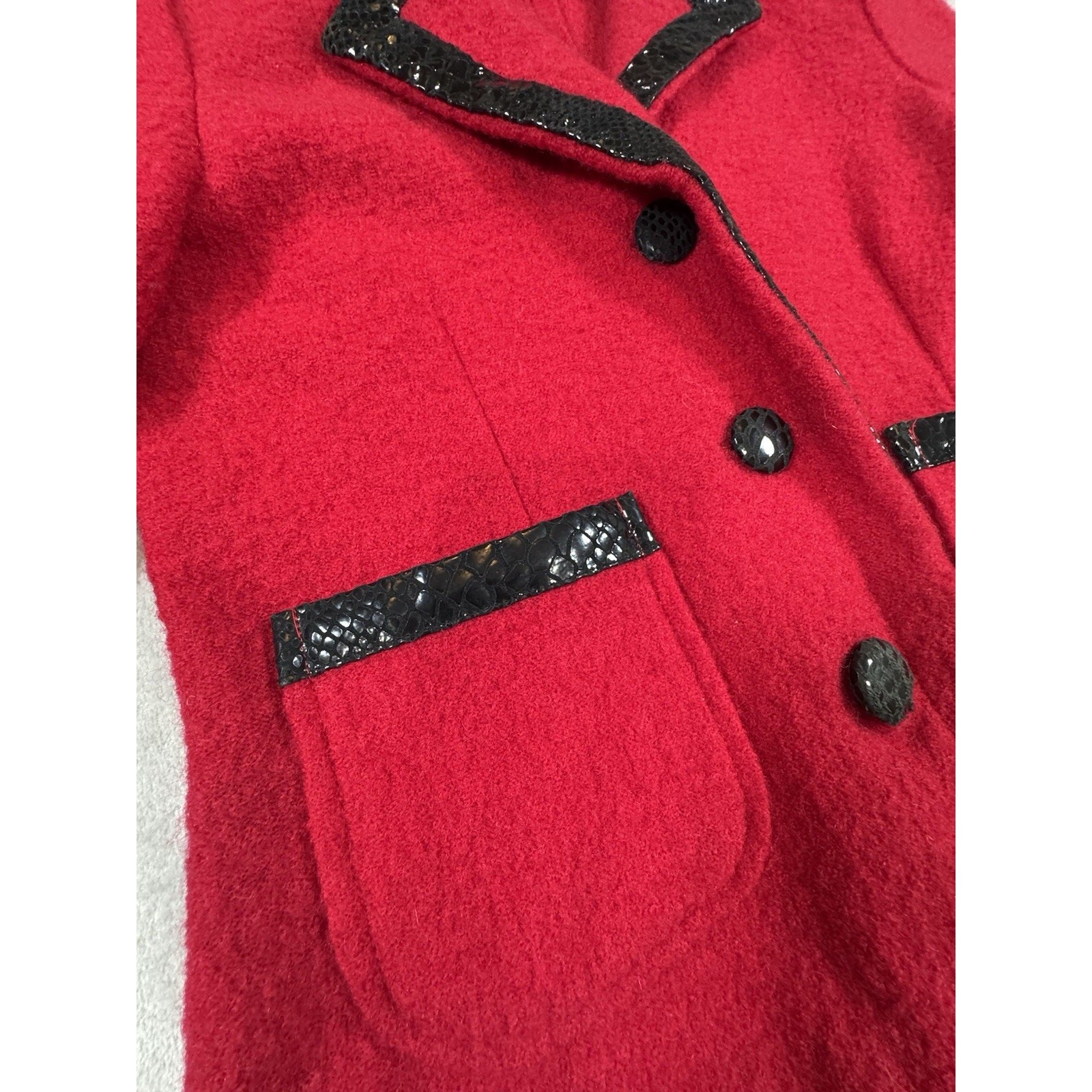 Vintage 1980s Red Wool Jacket Black Leather Trim Boutique Essentials Small