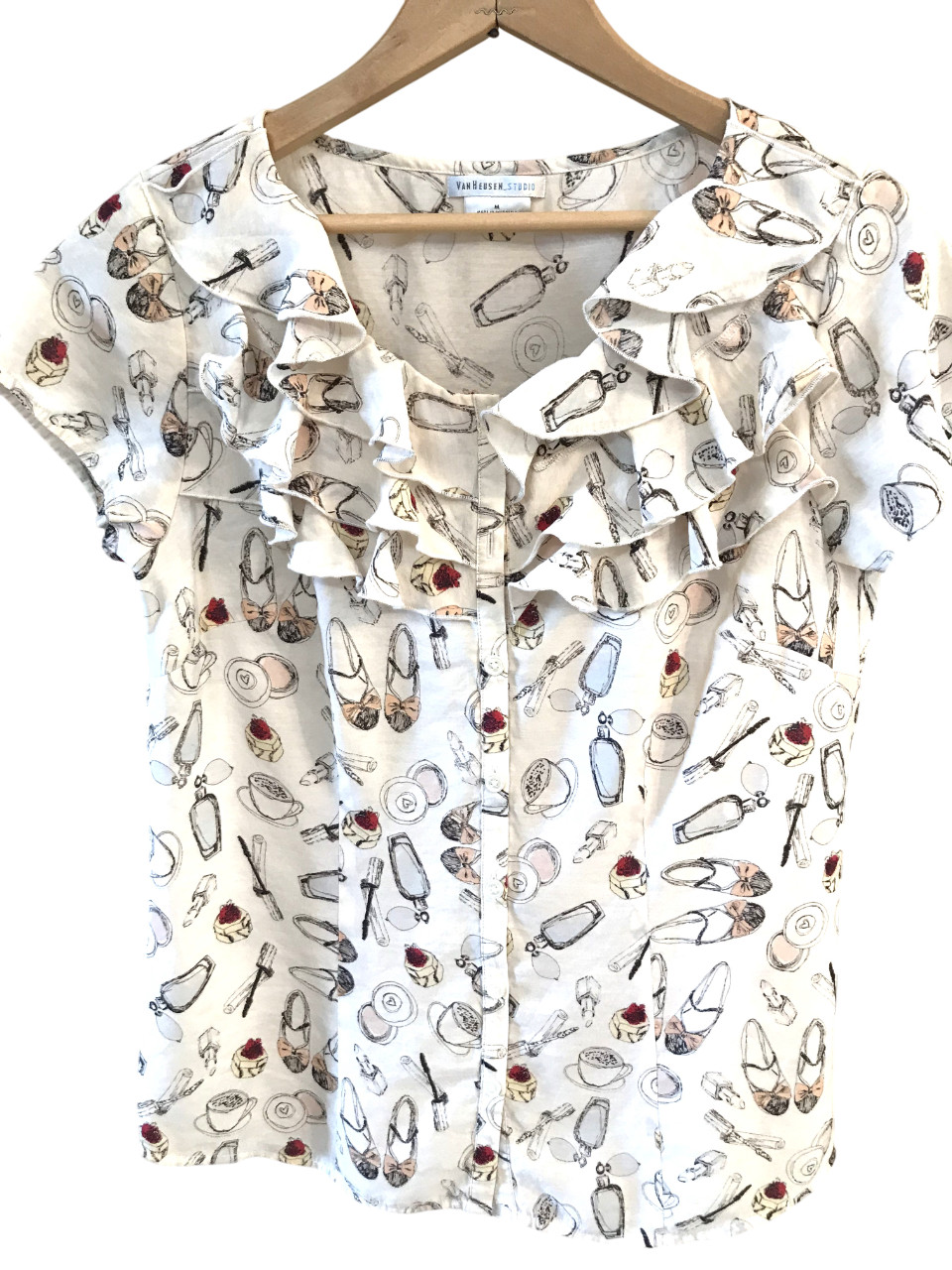 Van Heusen Studio Ruffled Blouse Vintage Top Heels & Coffee Print Women&rsquo;s Sz M