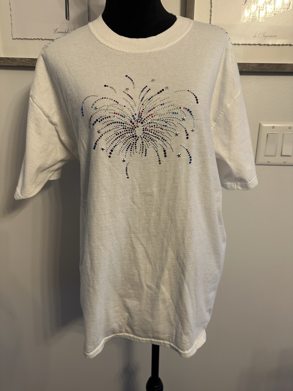 VTG 90’s T-shirt Jeweled Red White Blue Fireworks July 4th Top Womens Large~read