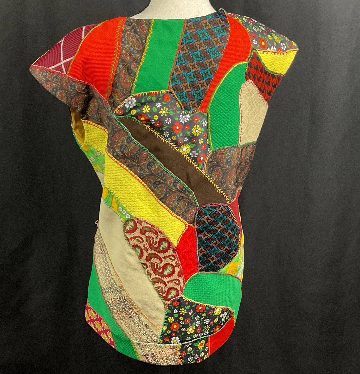 Vintage Patchwork Quilted Shirt 19” Bust Handmade 70’s Hippie Boho Kitschy Lined