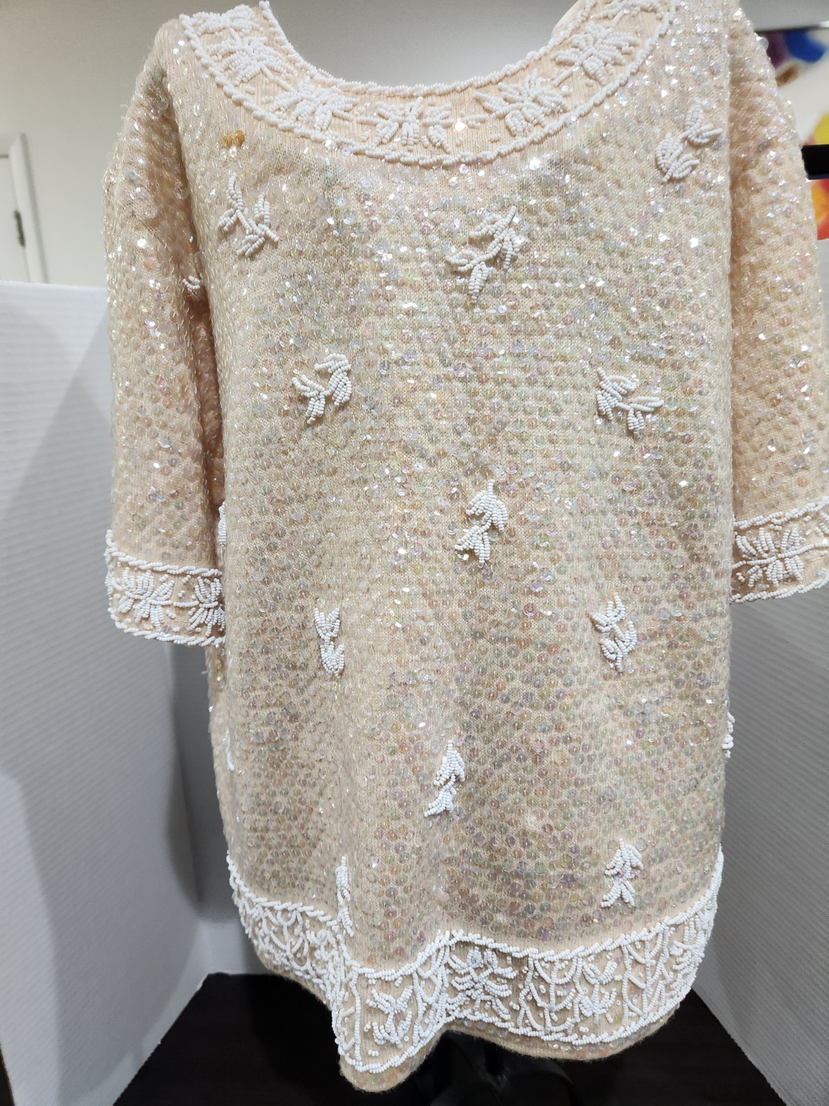 Vintage 50s 60s Hong Kong Beige 100% Wool Beaded Sequin Top Size 12 by Joyce