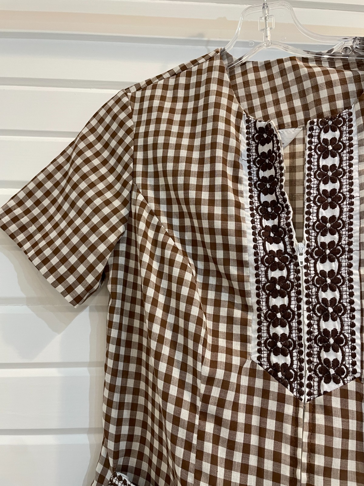 Vintage Brown White Gingham Dress Zip Up Embroidery Rockabilly Granny Core