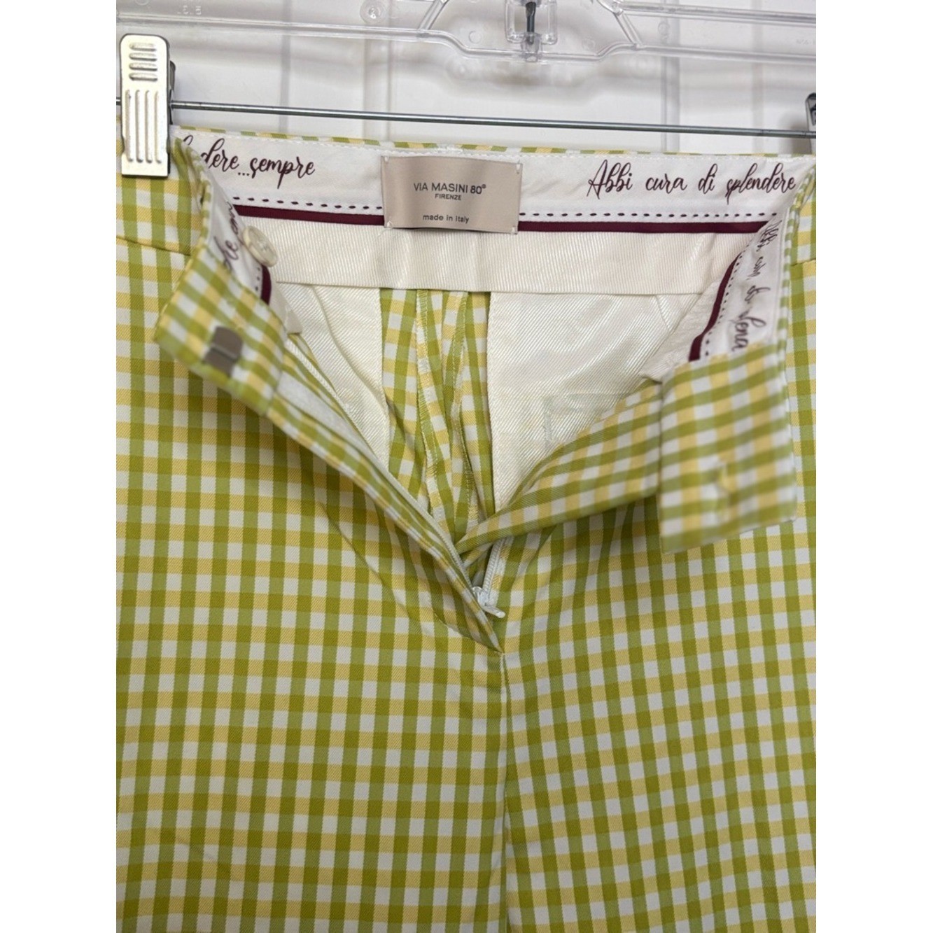 NWT VIA MASINI Gingham Slim Ankle Pants in Green, Yellow and White Italian 38/2
