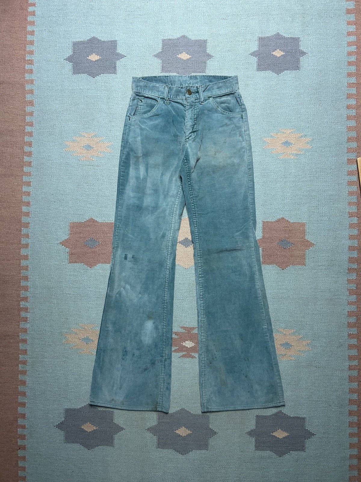 Vintage 70s corduroy bell bottom pants Lee faded turquoise distressed 25×31