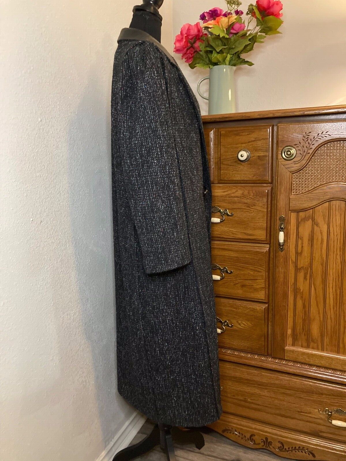BBI Black Women&rsquo;s Vintage Textured Tweed Wool Overcoat w/ Leather Trim L XL 
