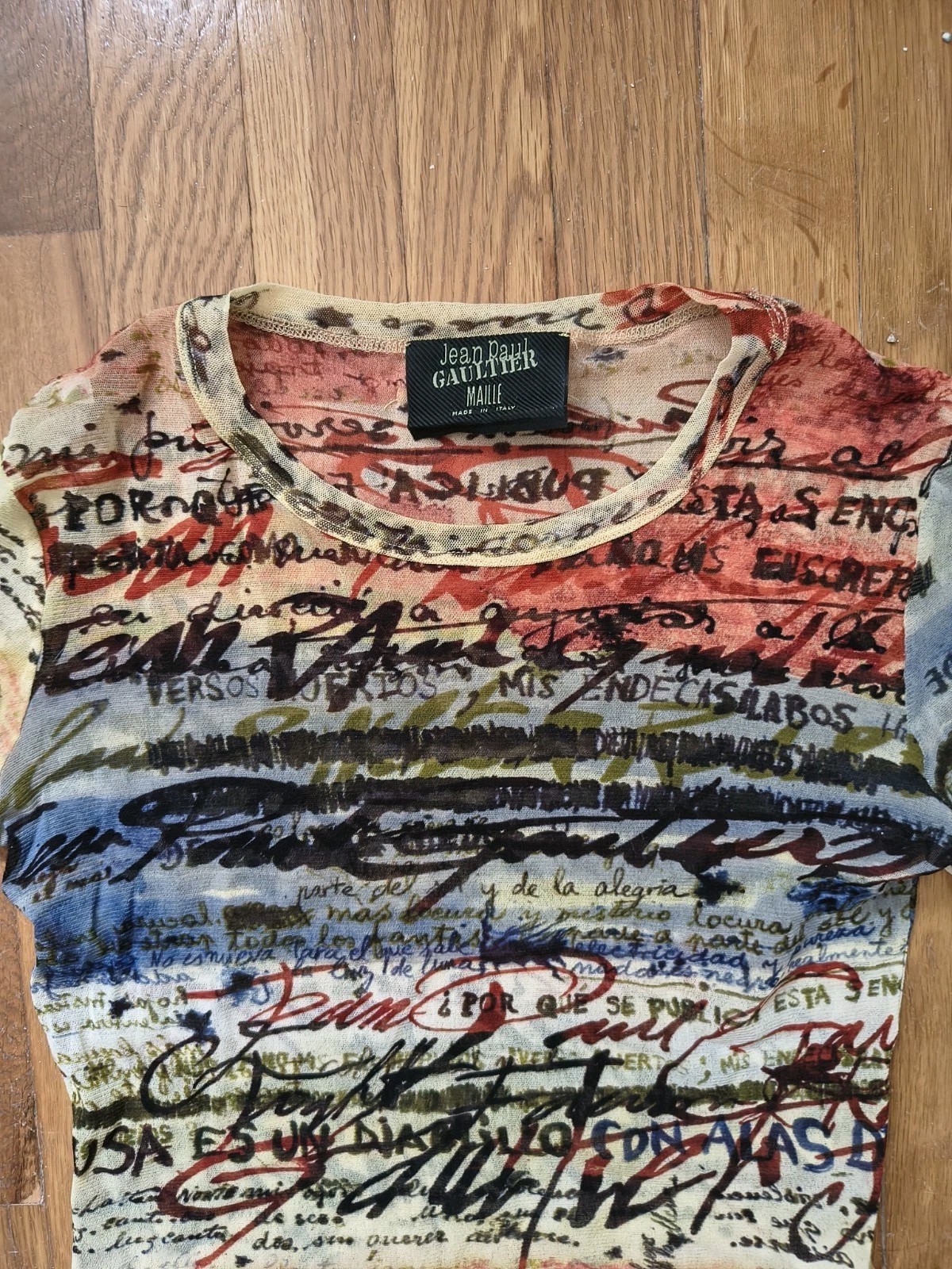 VINTAGE JEAN PAUL GAULTIER MAILLE MESH GRAPHIC SIGNATURE T SHIRT SZ. L