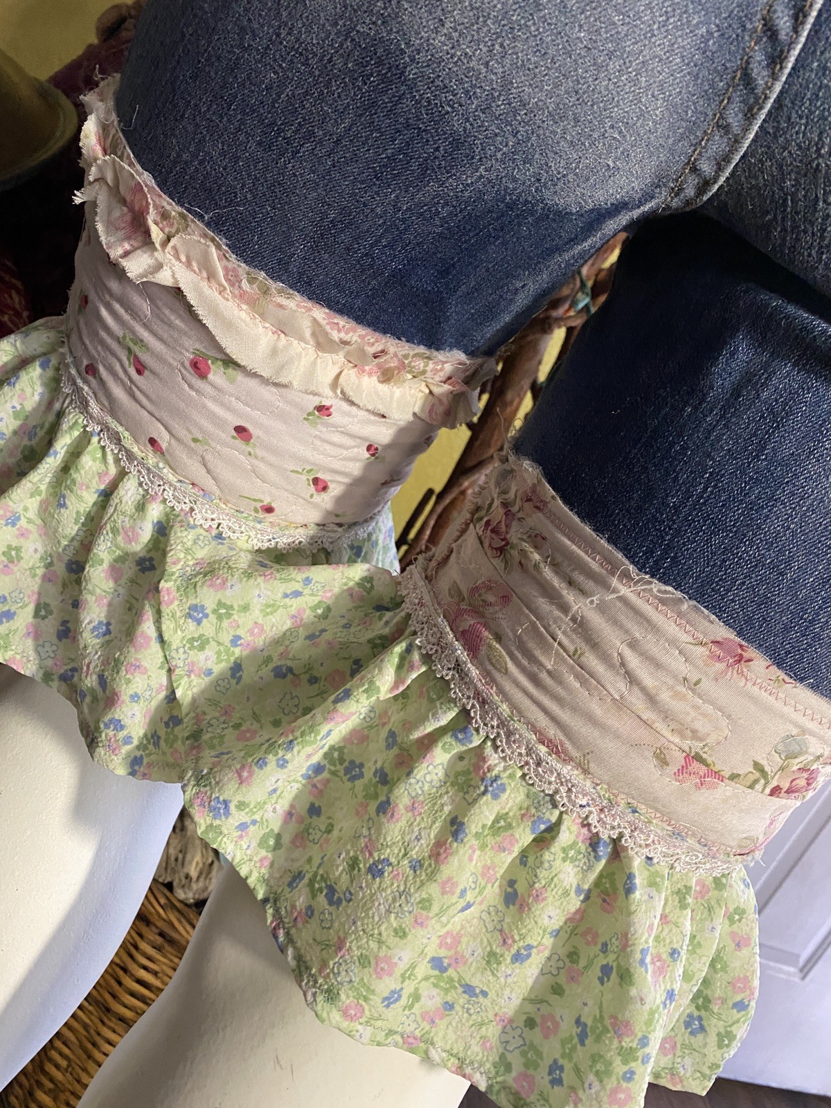 REWORKED PATCH PATCHWORK LONG RUFFLE BOHO JEANS SHORTS KNICKERS PANTALOONS L