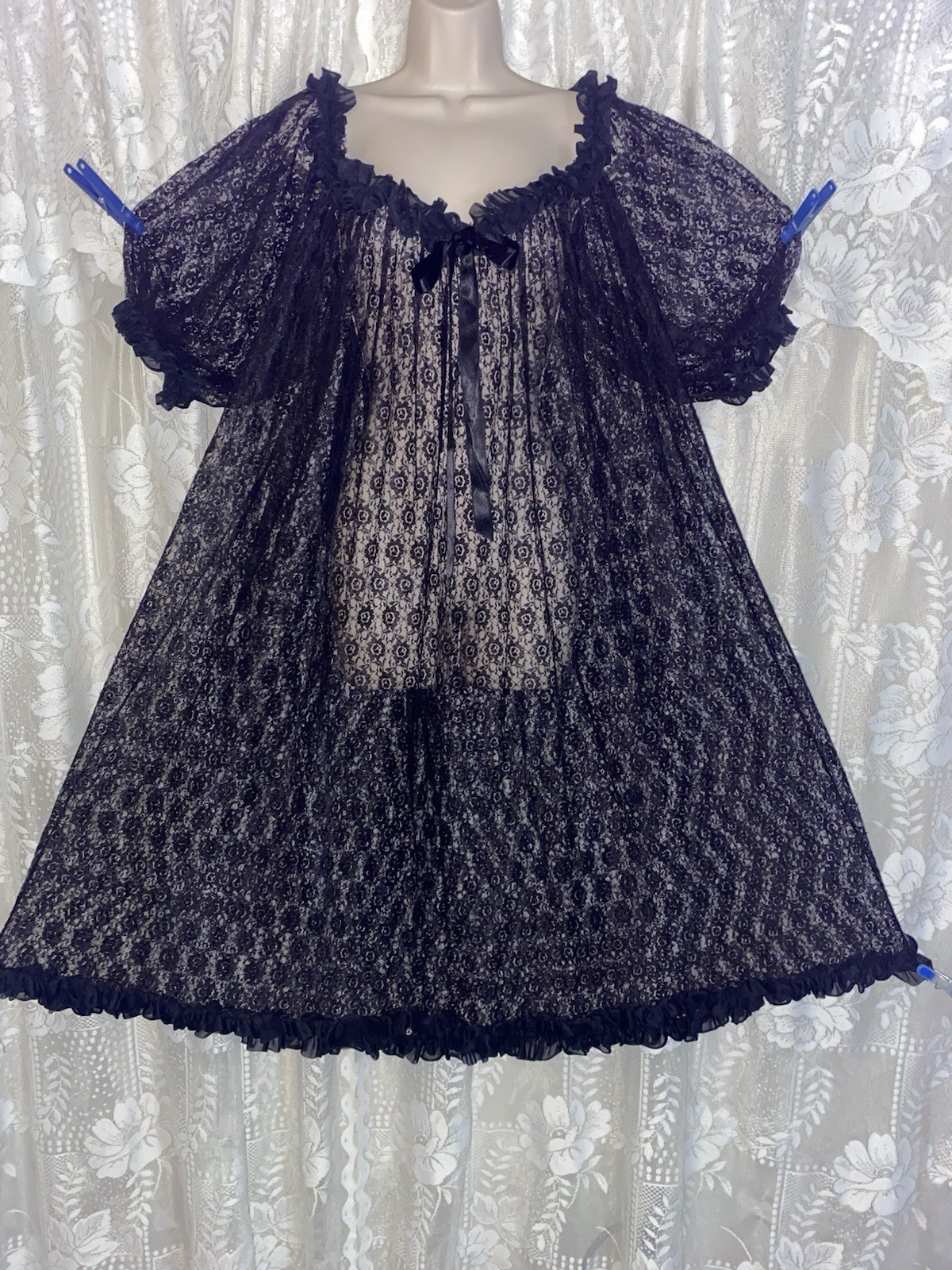 Vtg RARE 2X++ BLACK ALL LACE FULL NIGHTIE Nightgown Chiffon Ruffles off shoulder