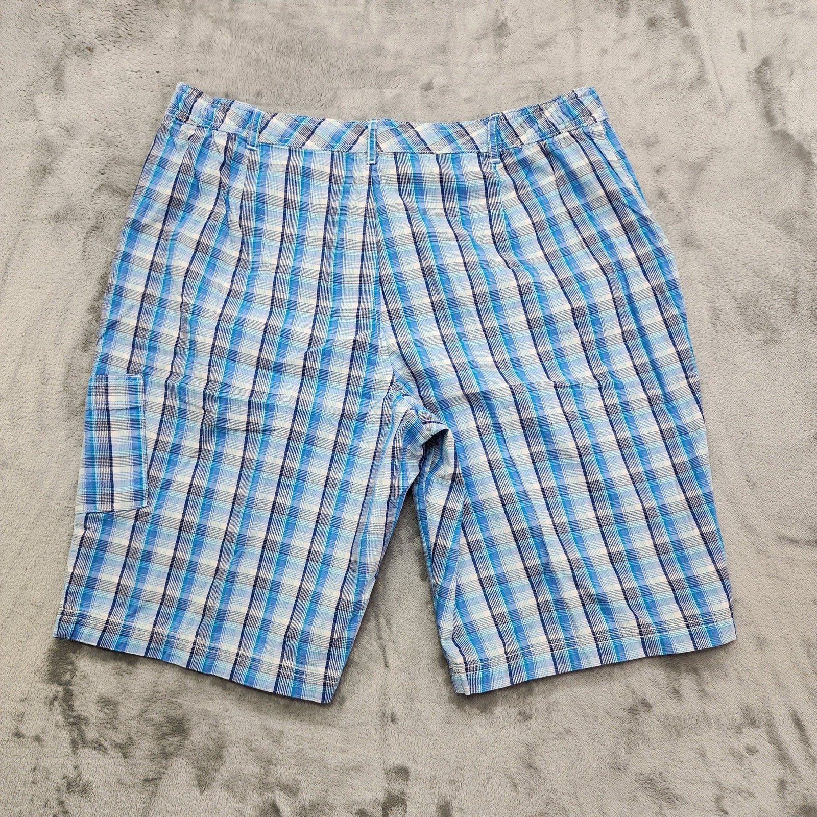 Vintage 90s Basic Editions Shorts Women L Blue Plaid Cotton Cargo Utility Casual