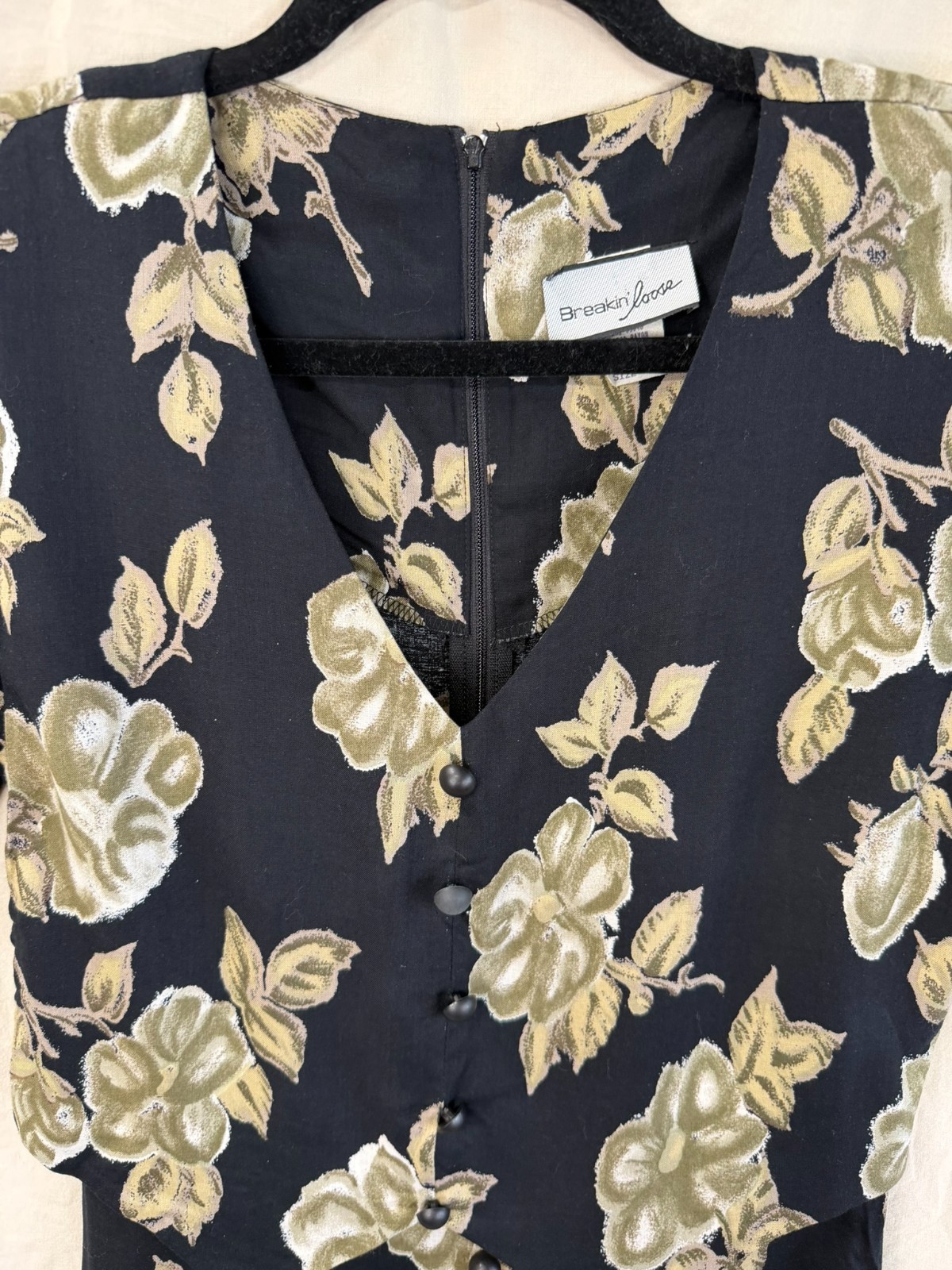 Vintage 1990s Kathie Lee Midi Dress Black Base Beige Floral Size 7/8