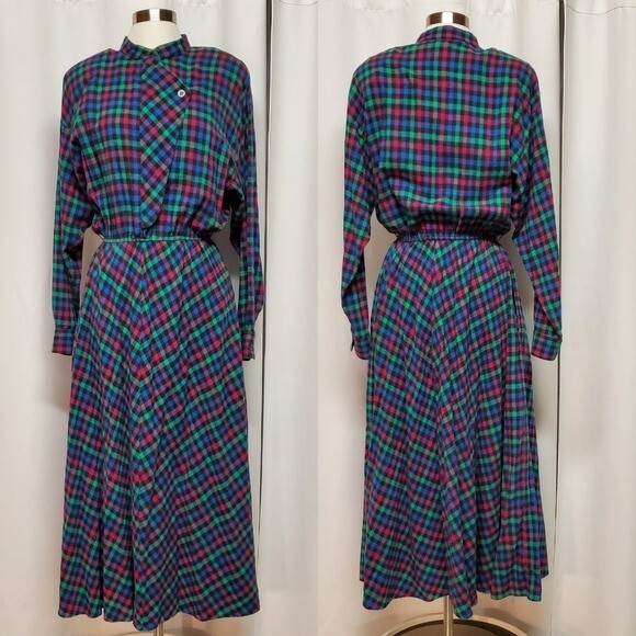 Vintage 80s Retro Carol Anderson Plaid Multicolor Rainbow Maxi Dress Woman&rsquo;s 12