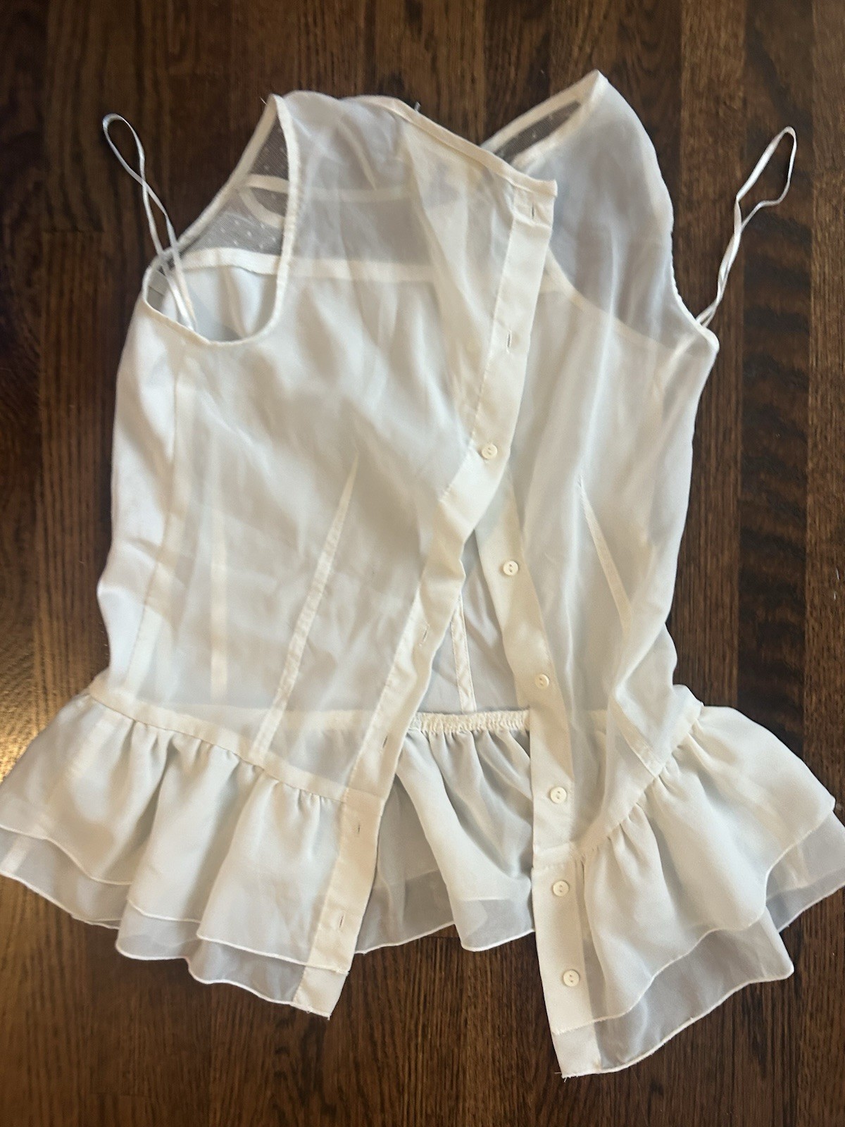 Princess Charmin’ Vintage White Camisole XS Sheer Mesh Yoke Ruffle Hem Buttons