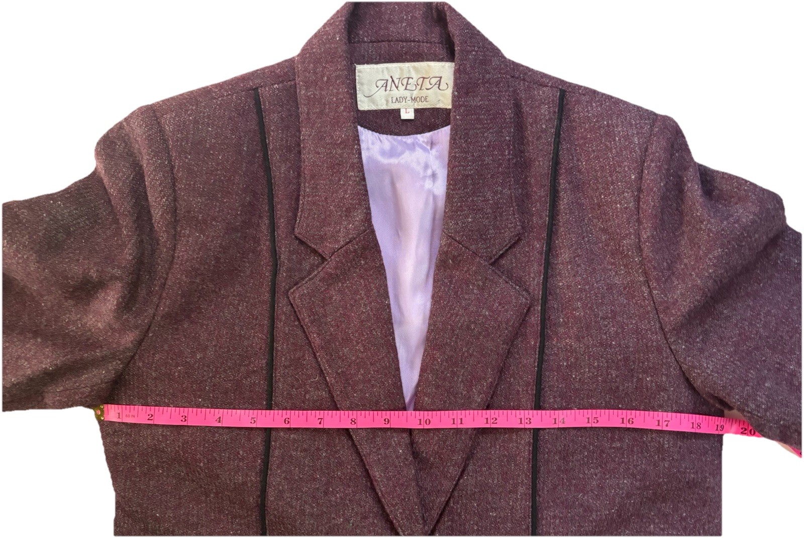 VTG 80s ANETA Lady-Mode Purple Wool Power Suit Blazer Pants L 38 EUC