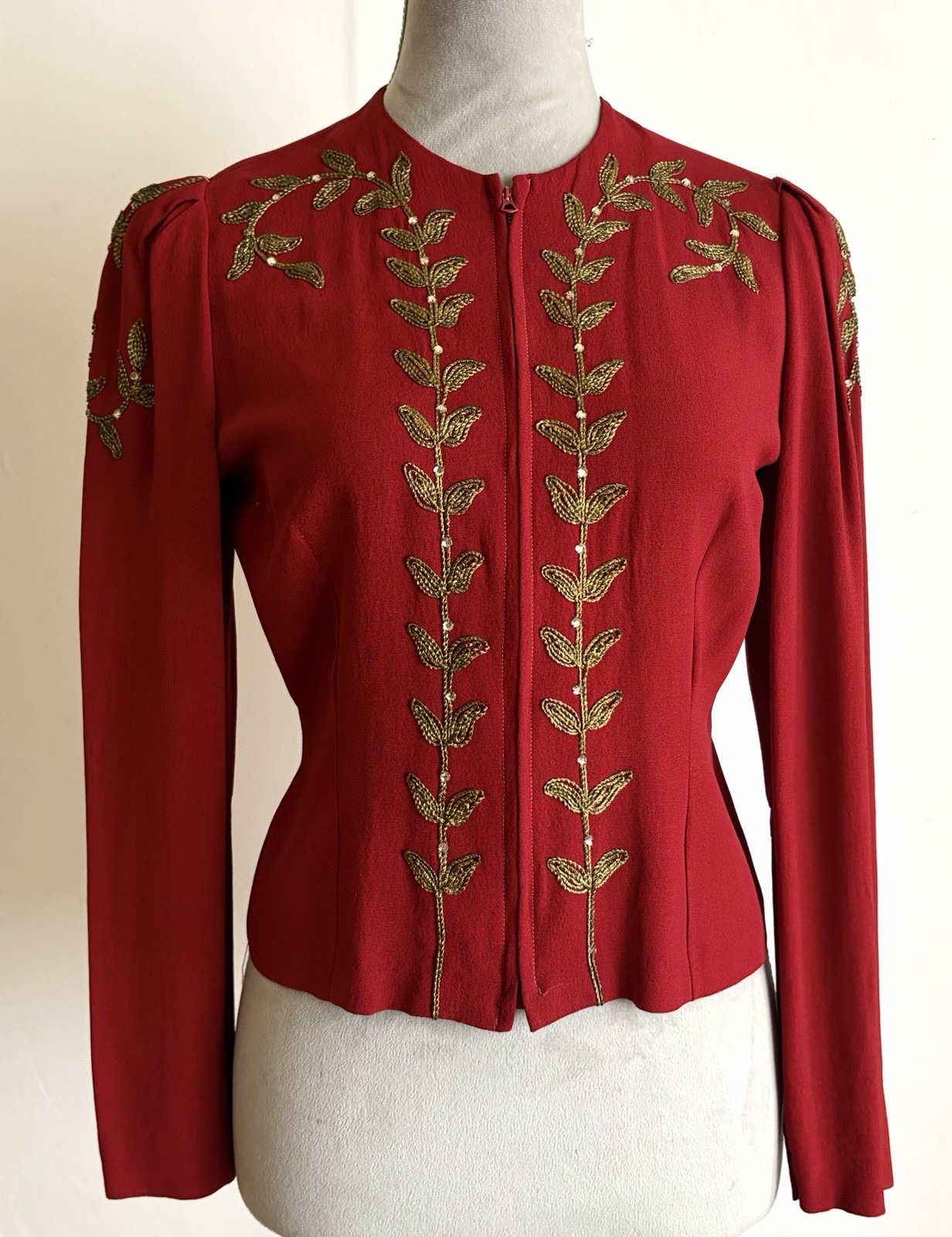 RARE VTG 1940s Gold Soutache Embroidery w Rhinestone Crepe Zip Blouse/Jacket S/M