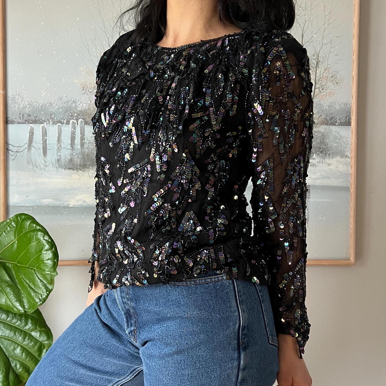 Vintage Silk Sequin Blouse Black Sheer Party Top 90s Y2K Glam Evening