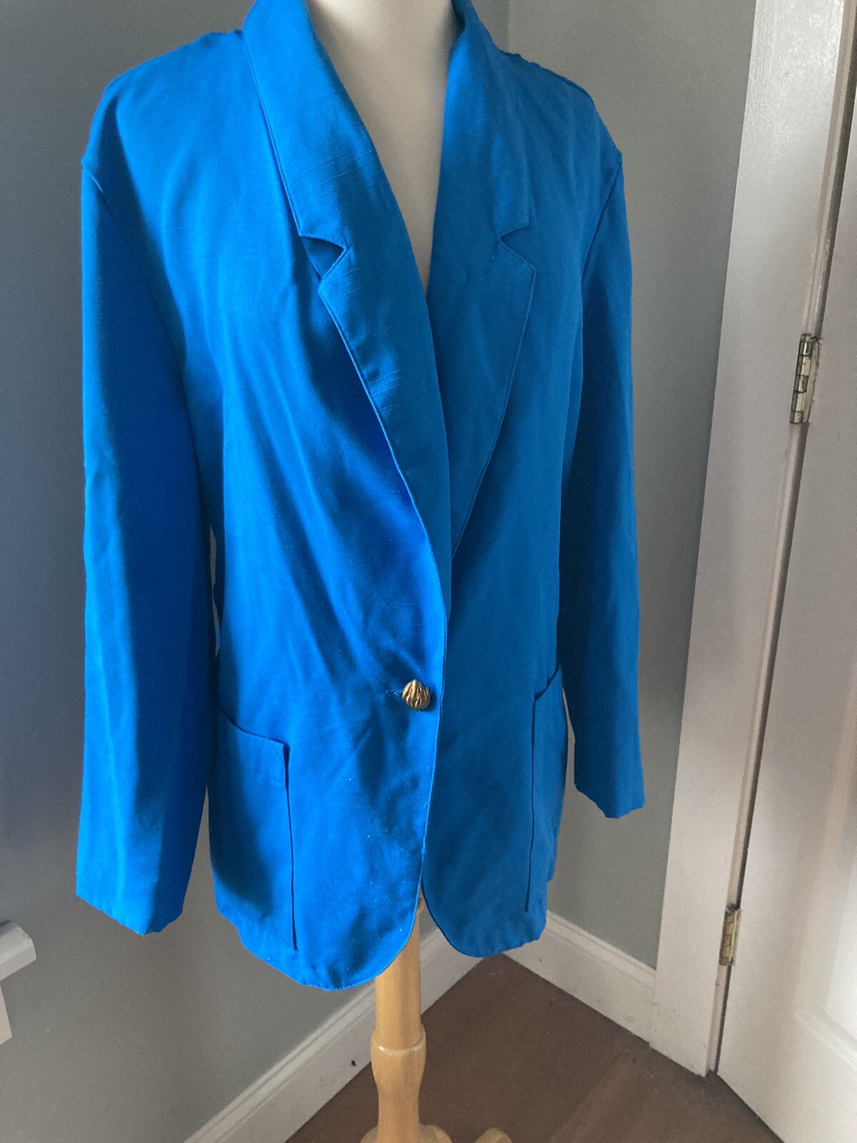 16 Blue Blazer Classic 80s Rayon jacket 1-button Notched collar blazer pockets
