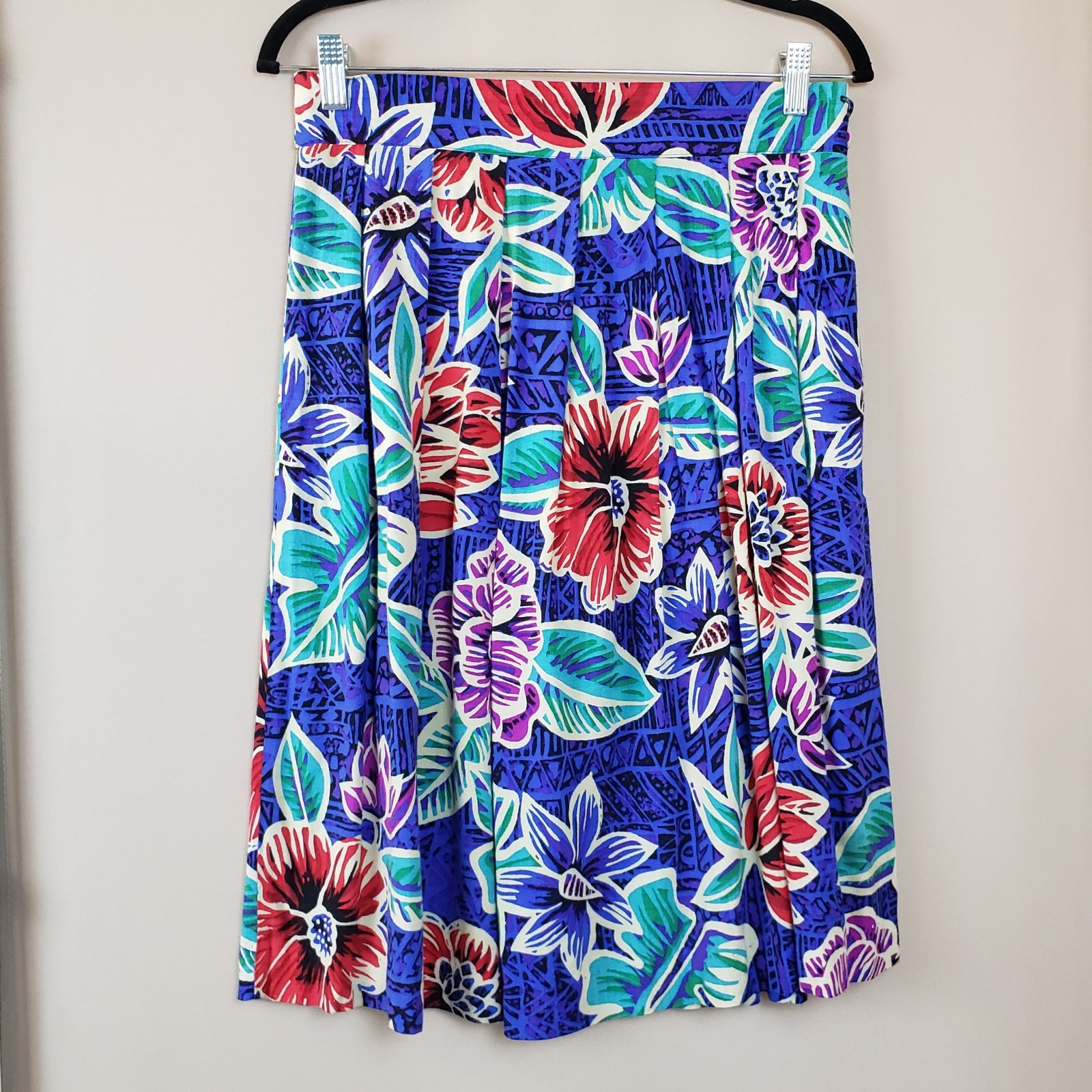 Worthington Skirt M Tropical Floral Rayon Pleated Knee Length Art To Wear USA