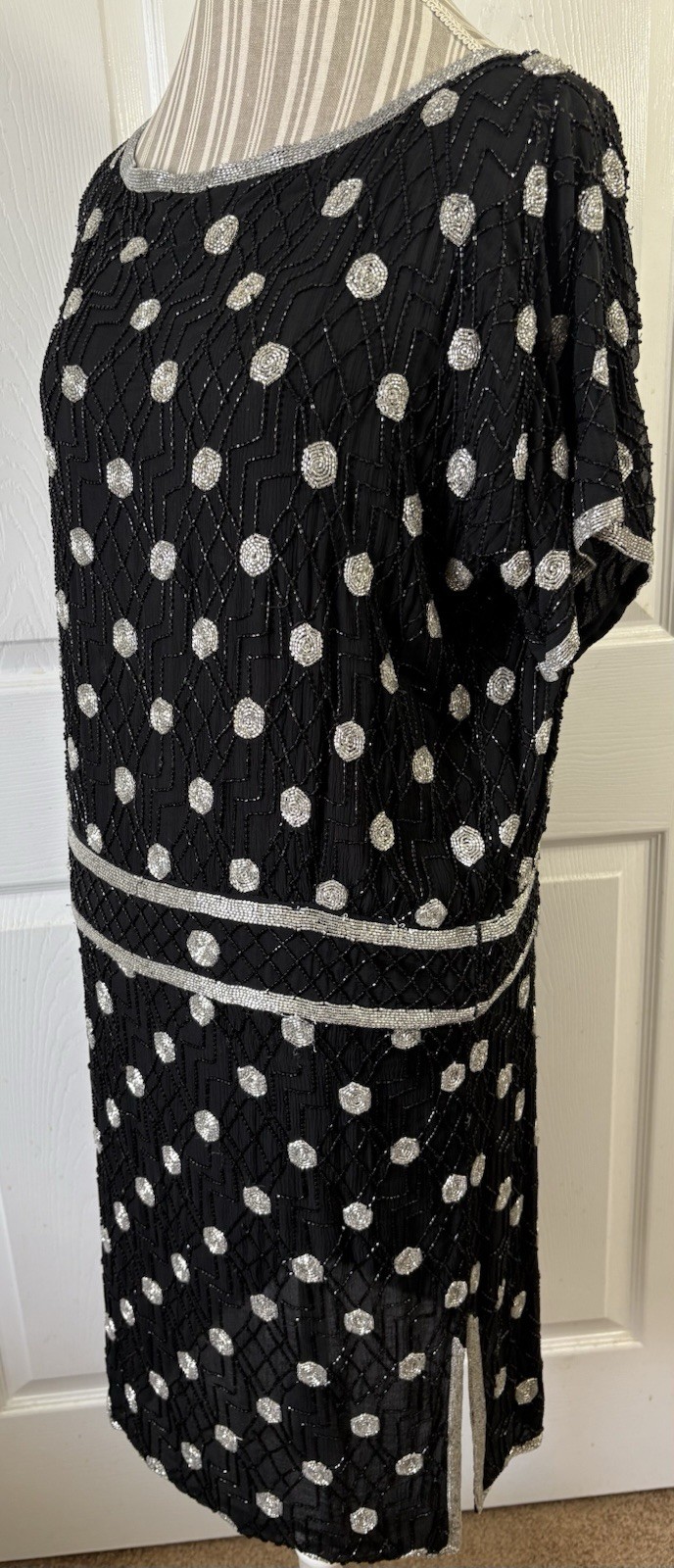 Judith Ann Creations 80s Does 20s 100% Silk Beaded Drop Waist Spider Web Dress M
