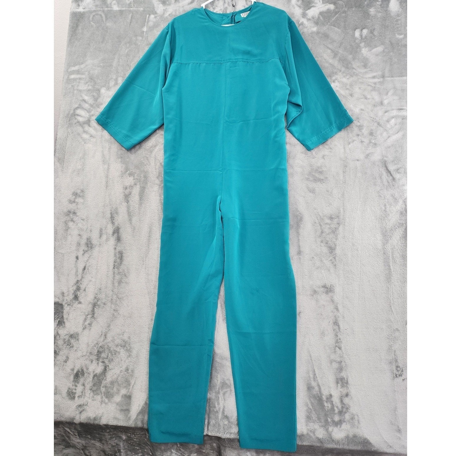 Vintage Frances Henaghan Jumpsuit Womens 8 Teal Blue Silky Tie Belt Long Sleeve