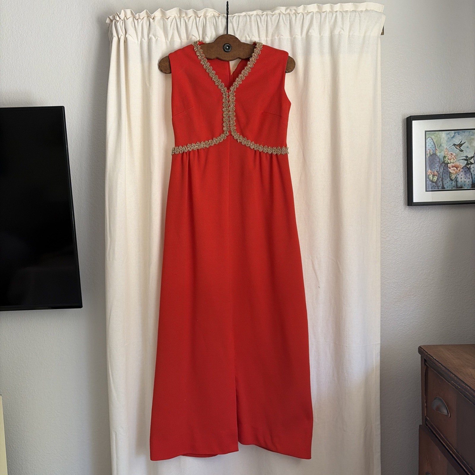 Vintage 60s Maxi Dress Red/orange Evening Gown Gold Trim