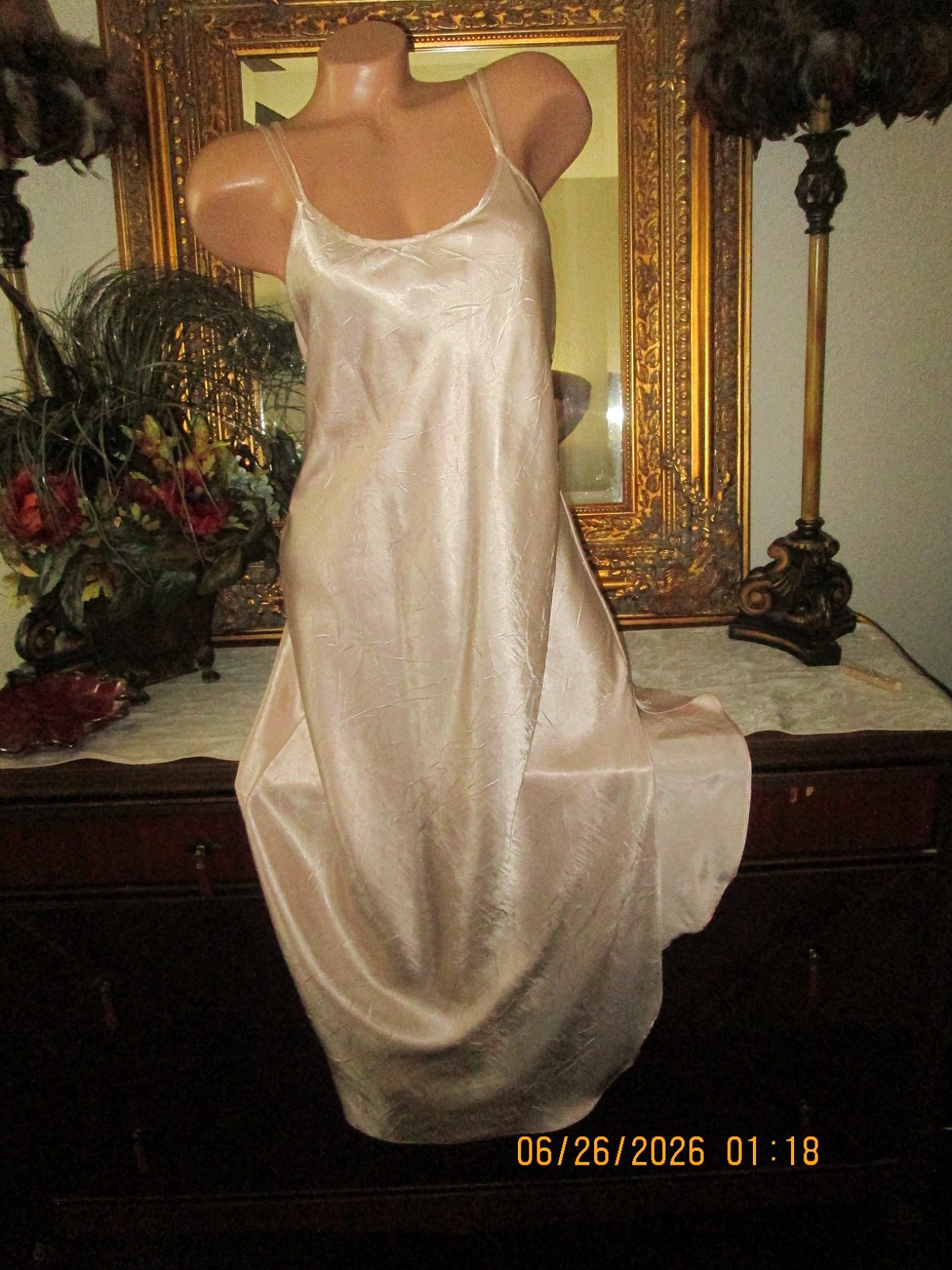 VTG California Dynasty Nightgown blush pink crinkled satin strappy dress lingeri