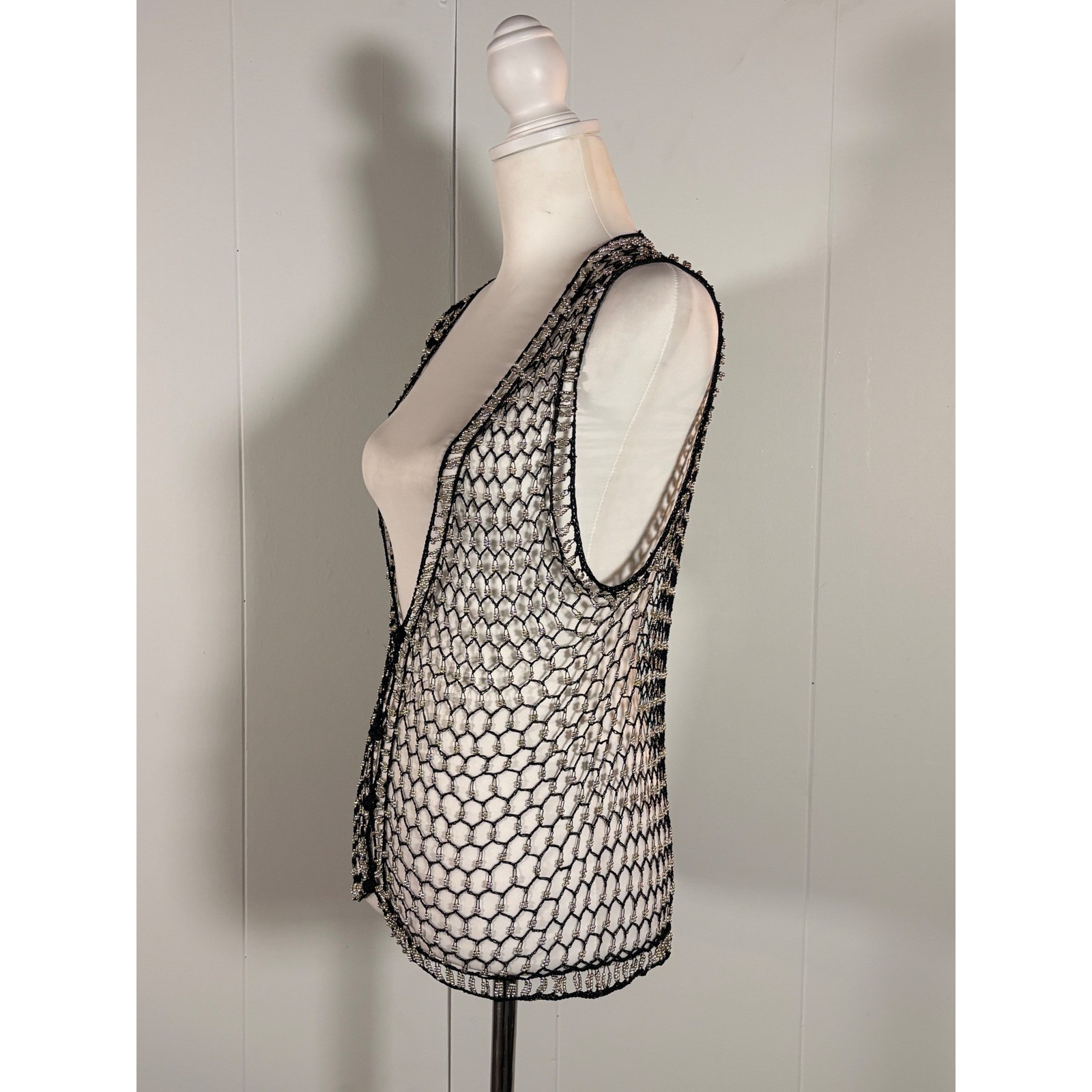 Vintage 90s Crochet Beaded Vest Women&rsquo;s M Boho Hippie Retro Goth Glam Festival