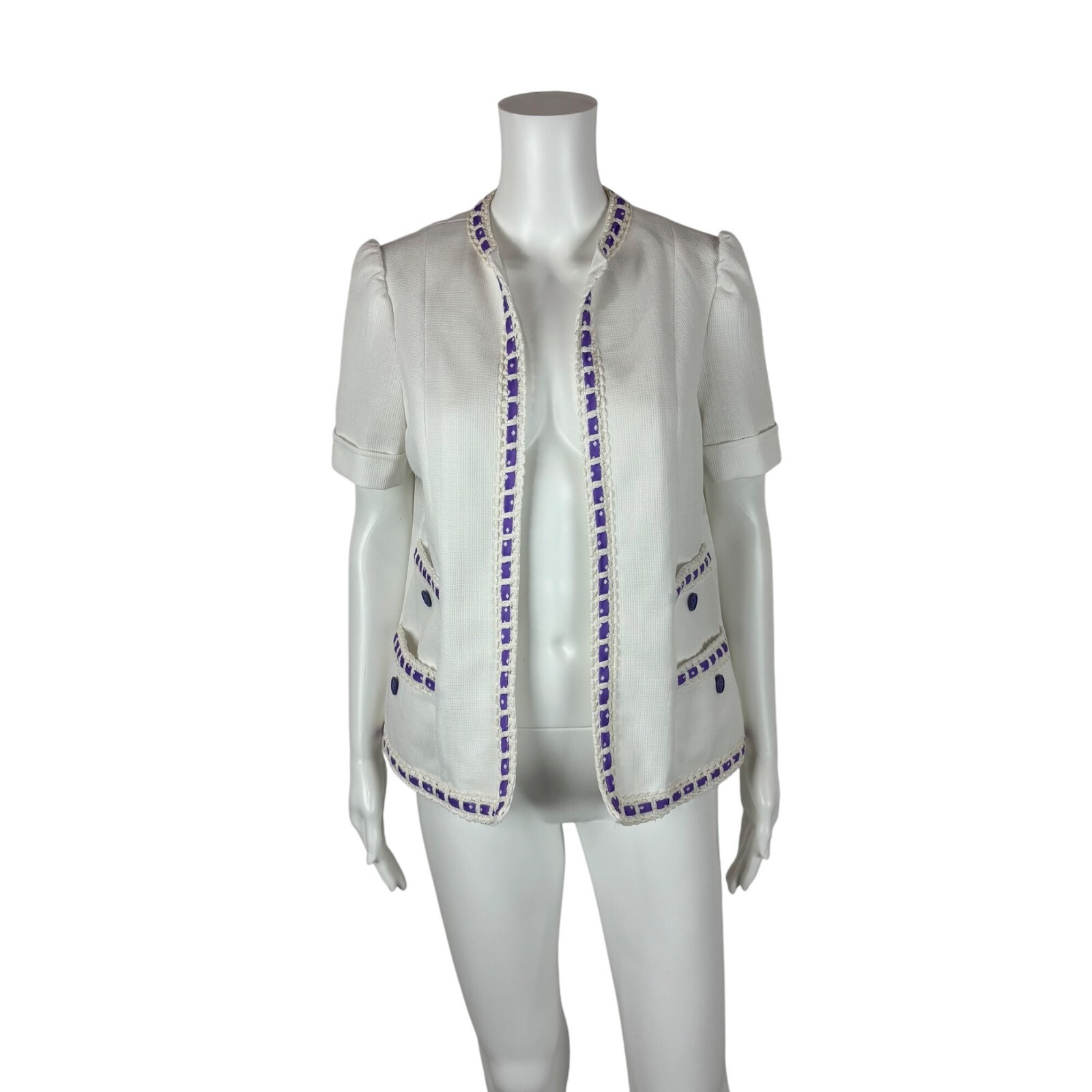 Vintage 70s Open Top Women&rsquo;s Large Lavender White Diamond Print Cardigan