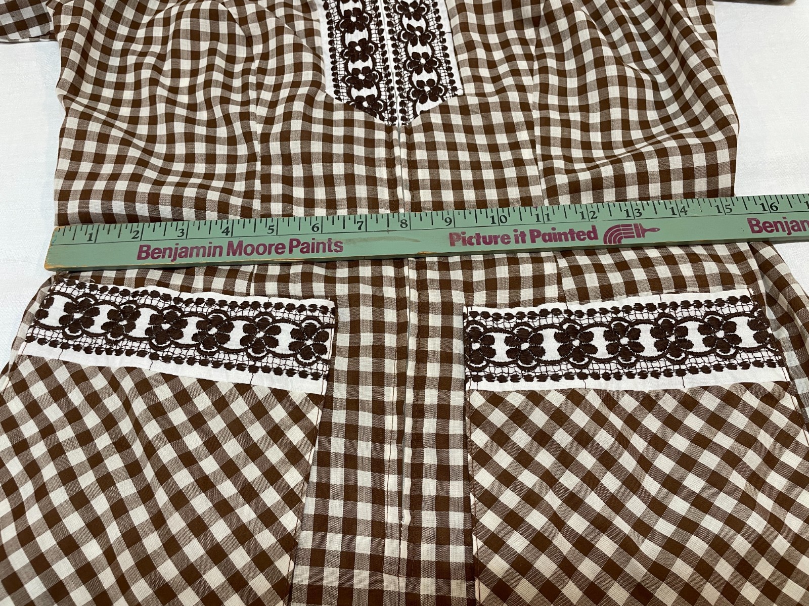 Vintage Brown White Gingham Dress Zip Up Embroidery Rockabilly Granny Core