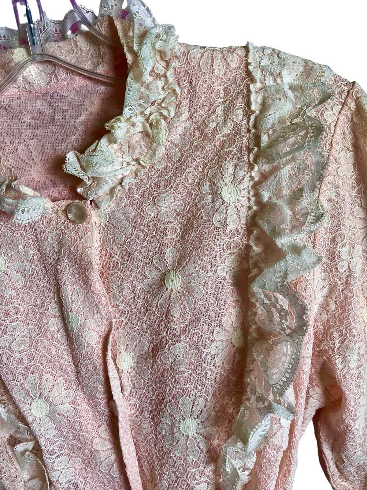 Vtg 60’s-80’s Lace Overlay Pink Button Front Ribbon Waist Gown Movie Star Inc