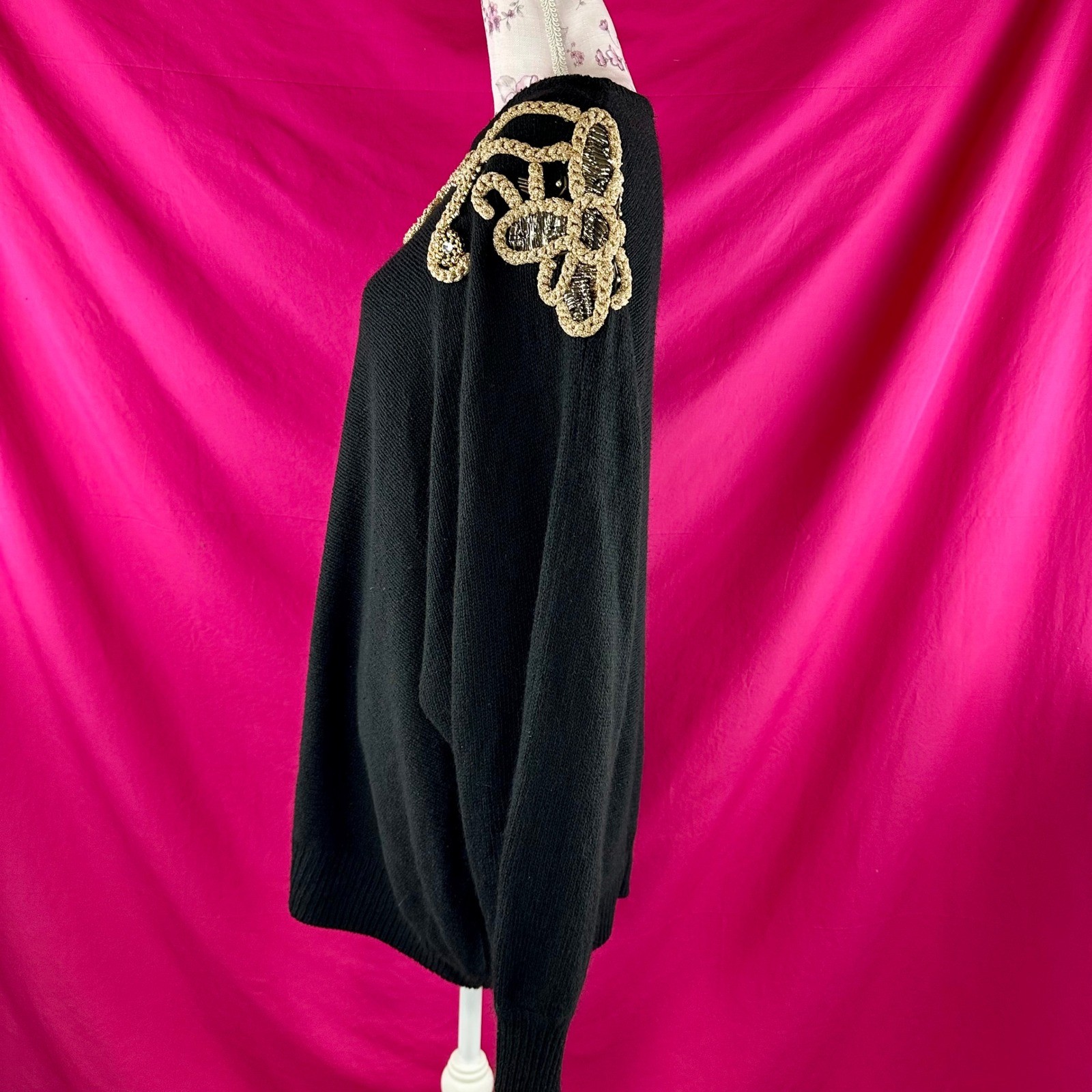 Vintage 80s Beaded Rhinestone Sweater Black Gold Angora Silk Wool NYE Plus 26/28