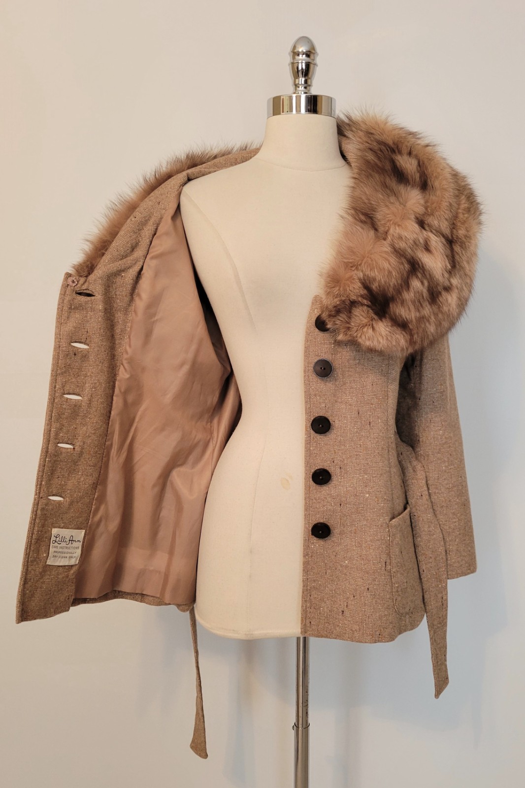 60s 70s LILLI ANN Wool Tweed Massive Fox Fur Collar Jacket M Medium
