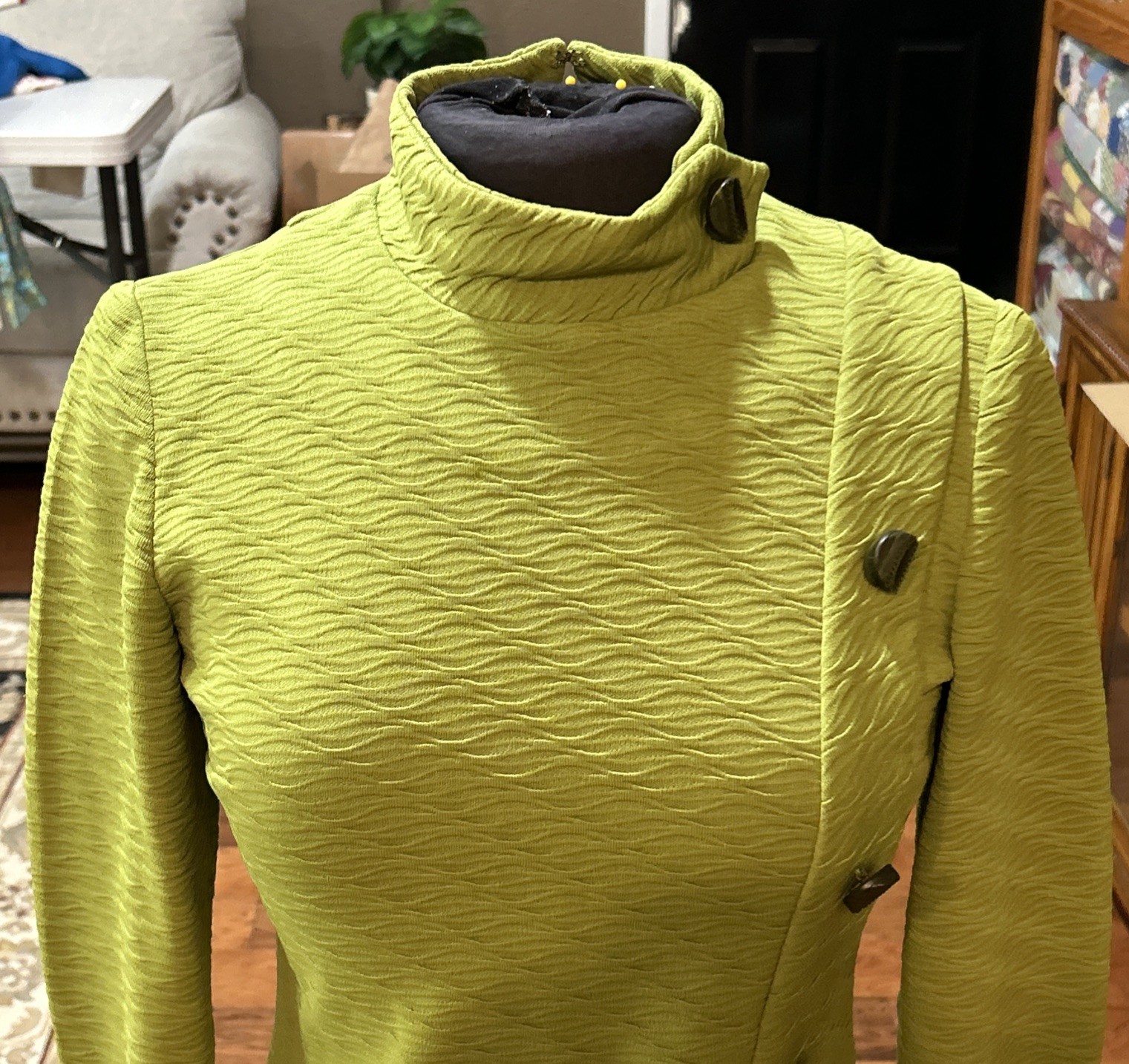 Vintage Retro Mod Dress 60s 70s Acacado Green Polyester Handmade Medium