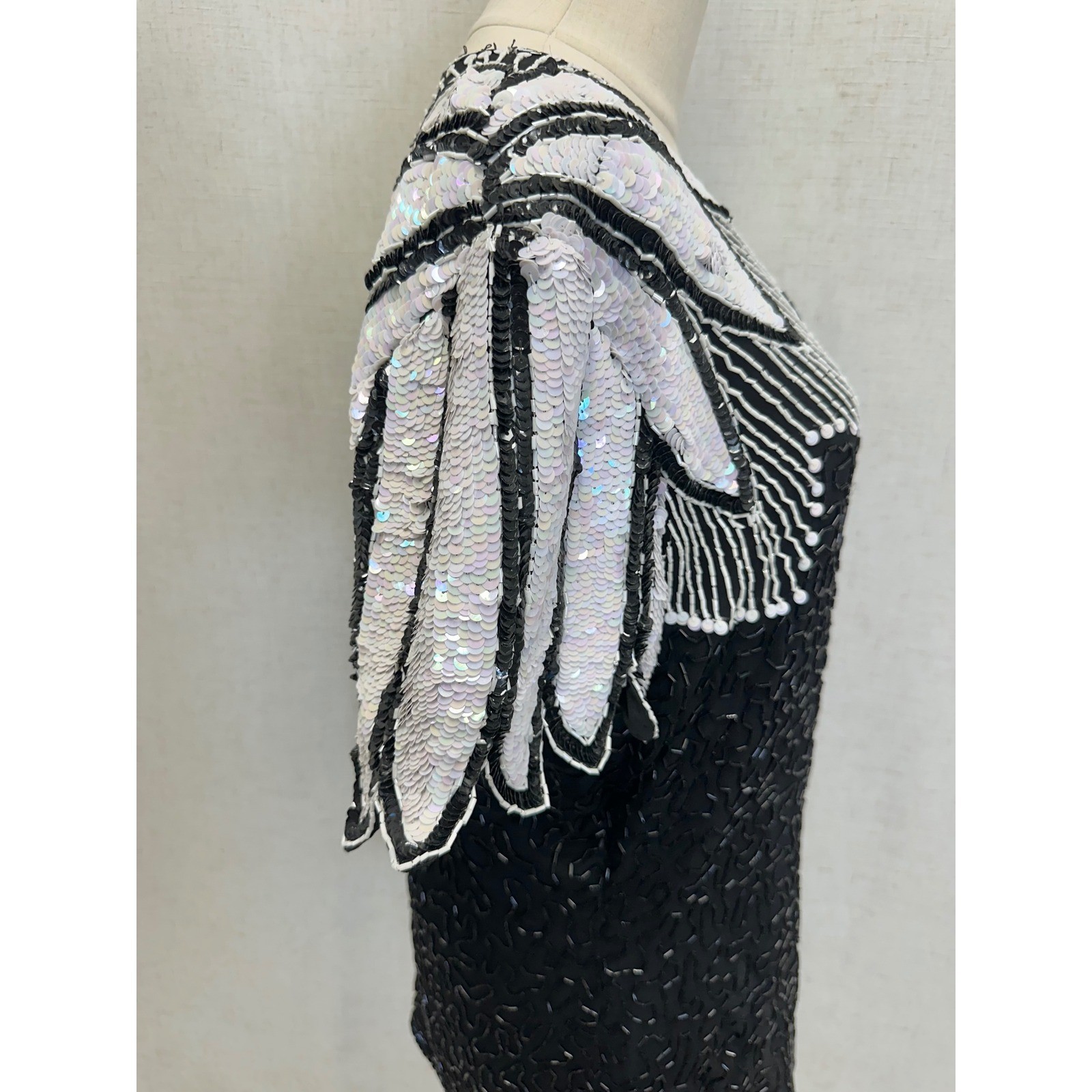 Stenay 100% Silk Beaded Sequin Black White Top Womens 14 Vintage Evening Blouse