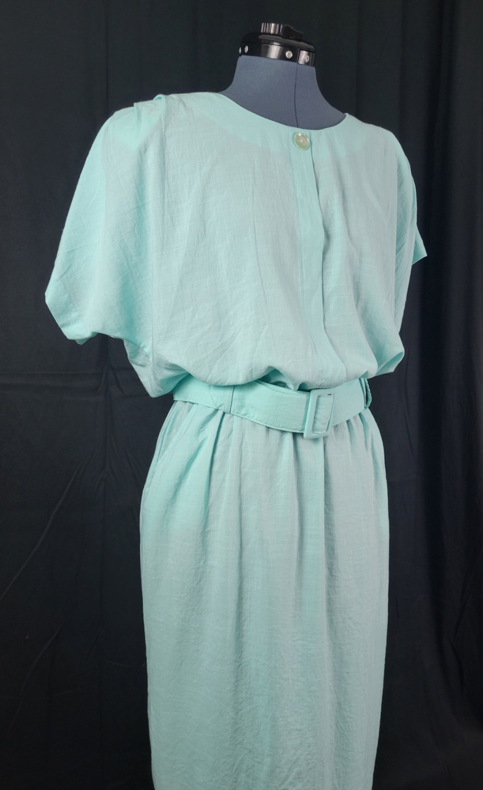 Vintage Stuart Alan Mint Green Blouson Dress w Slim Skirt & Belt Size 18