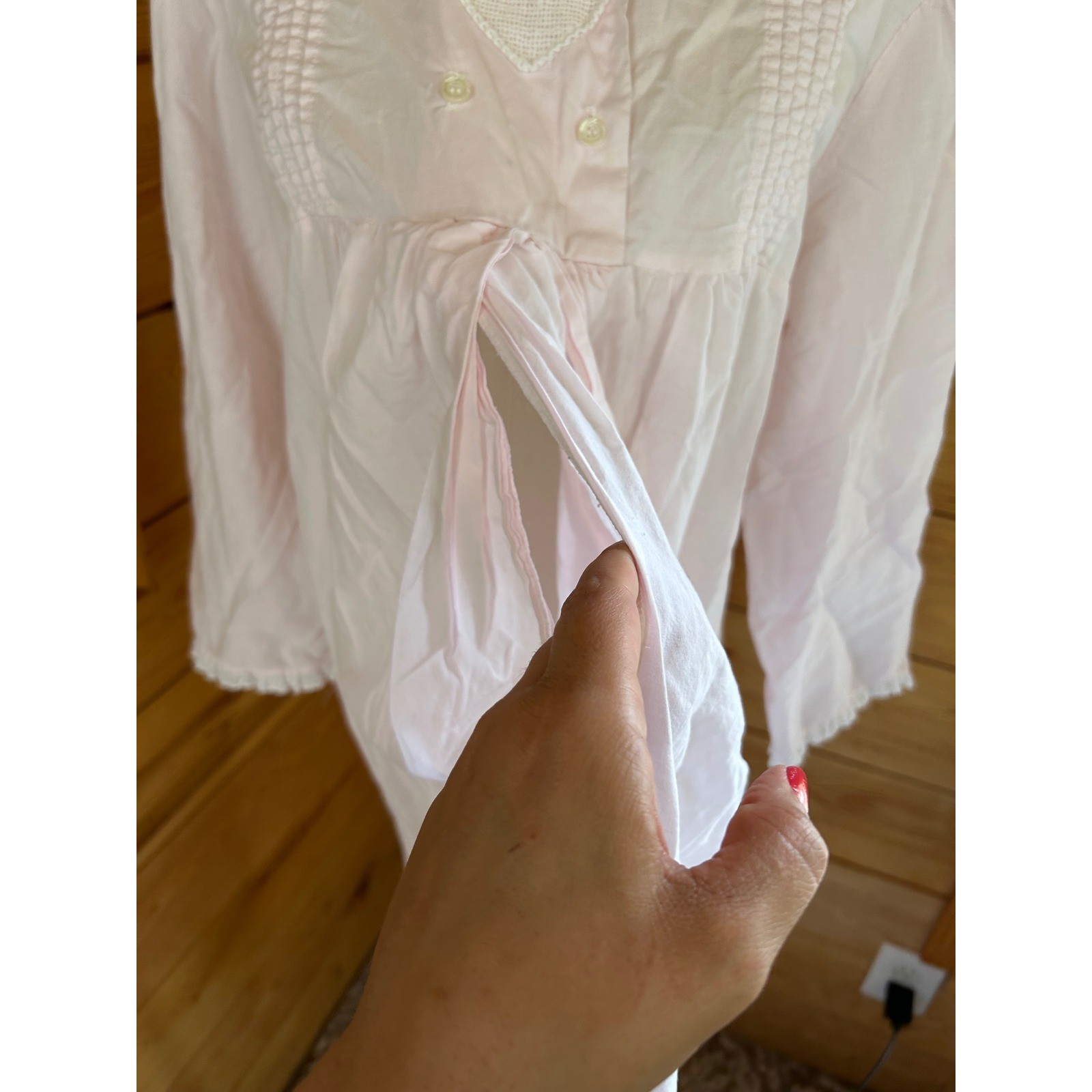 Vintage Cotton Nightgown Women Large Pink Eyelet Lace Heart Nocturne Nighty Retr