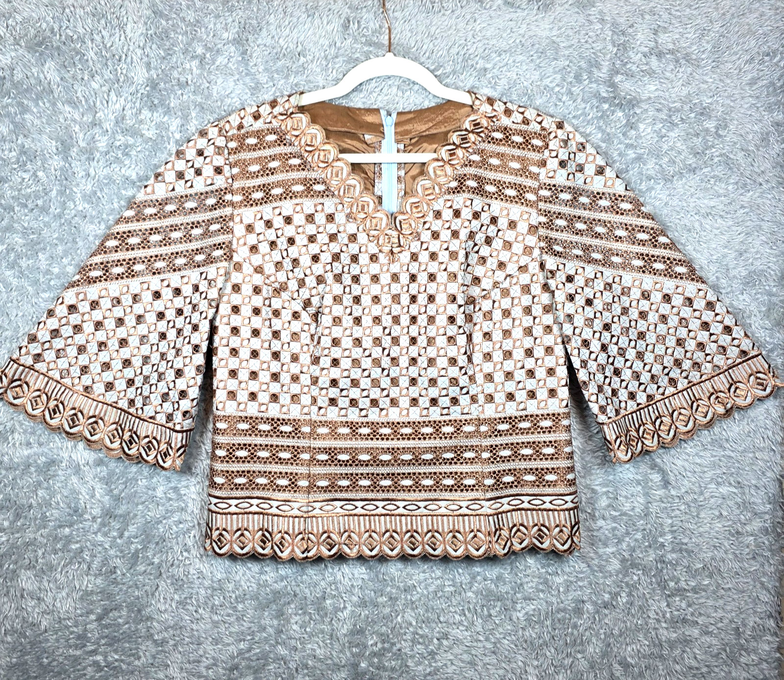 Vtg 70s Guipure Lace V-Neck Top Copper Geometric Cutwork Boho Scalloped Peplum M
