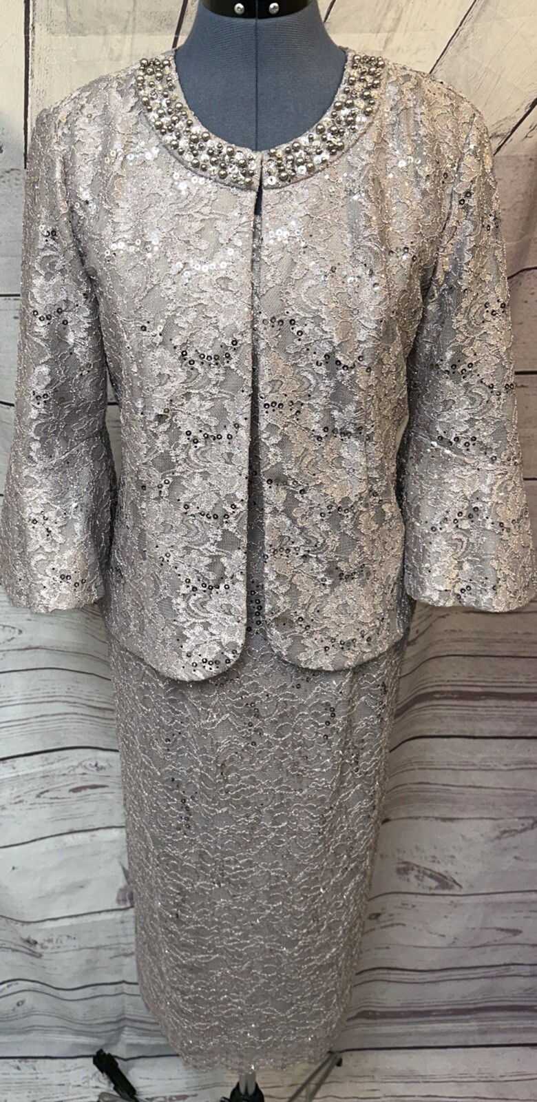 Alex Evenings 2-Piece Evening Sequin/Lace Dress Sliver Size 10