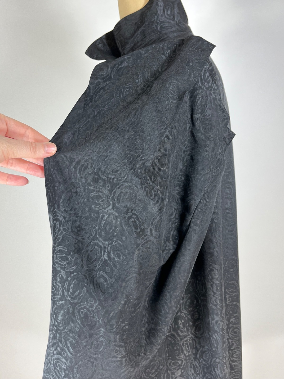 Vintage 1930&rsquo;s black double-faced MOIRE SILK opera coat w/unique shoulder design