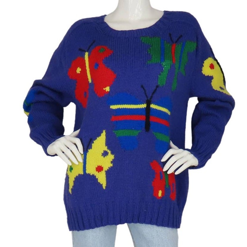 Vintage Rainbow Butterfly Knit School Teacher Grandmacore Y2K Jumper Sweater