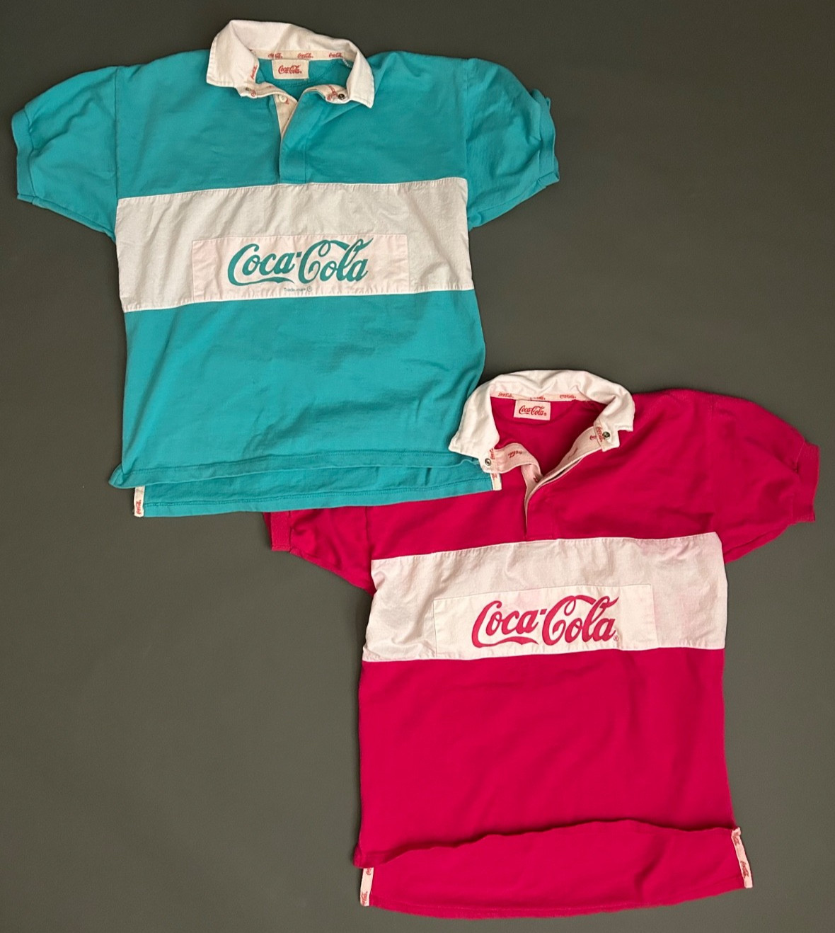 Vintage 1980s Coca Cola Short Sleeve Polo Shirt Set of 2 in Vibrant Colors