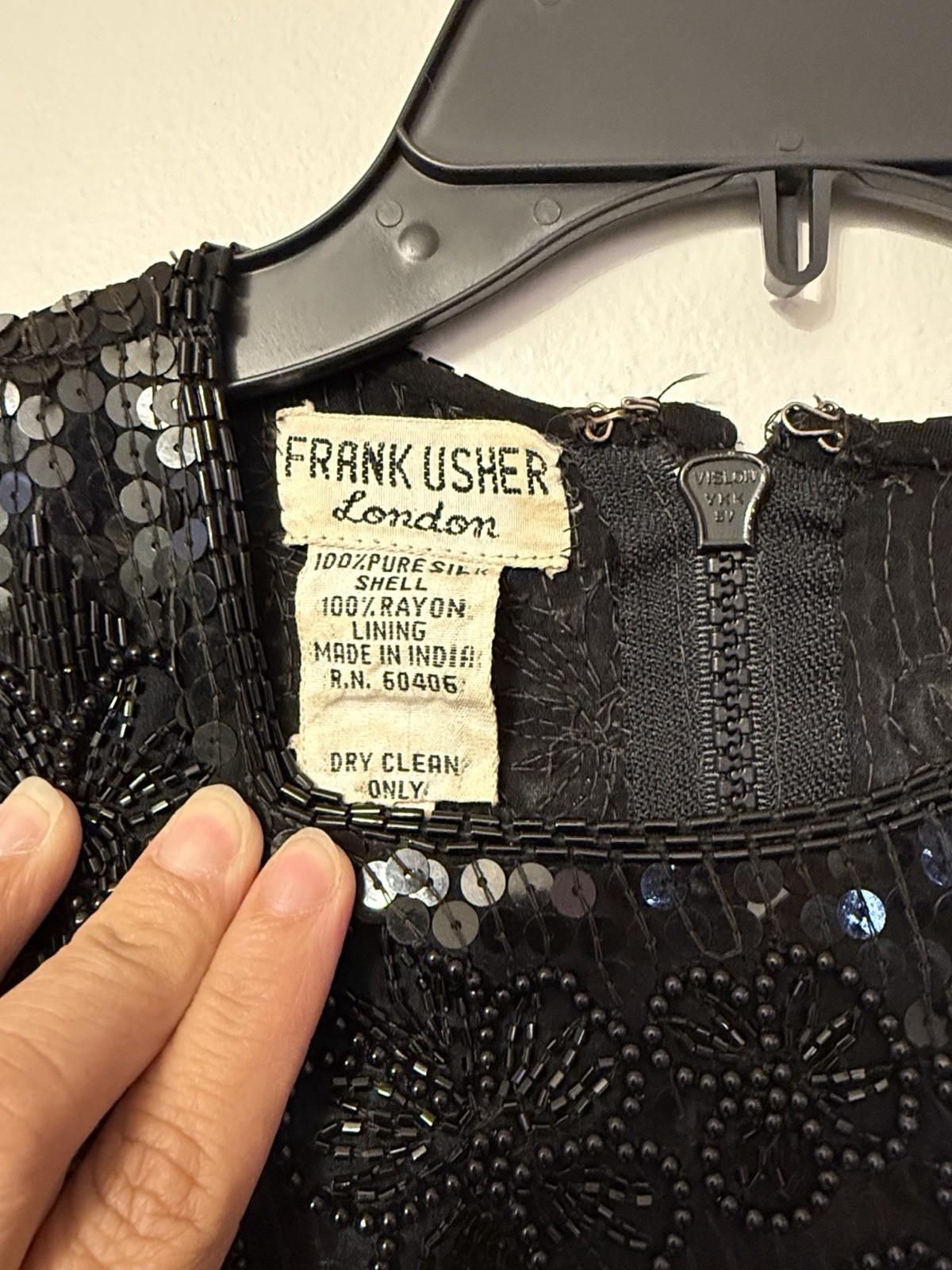 Frank Usher London Black Sequin Beaded Silk Top Small Zipper Back Vintage