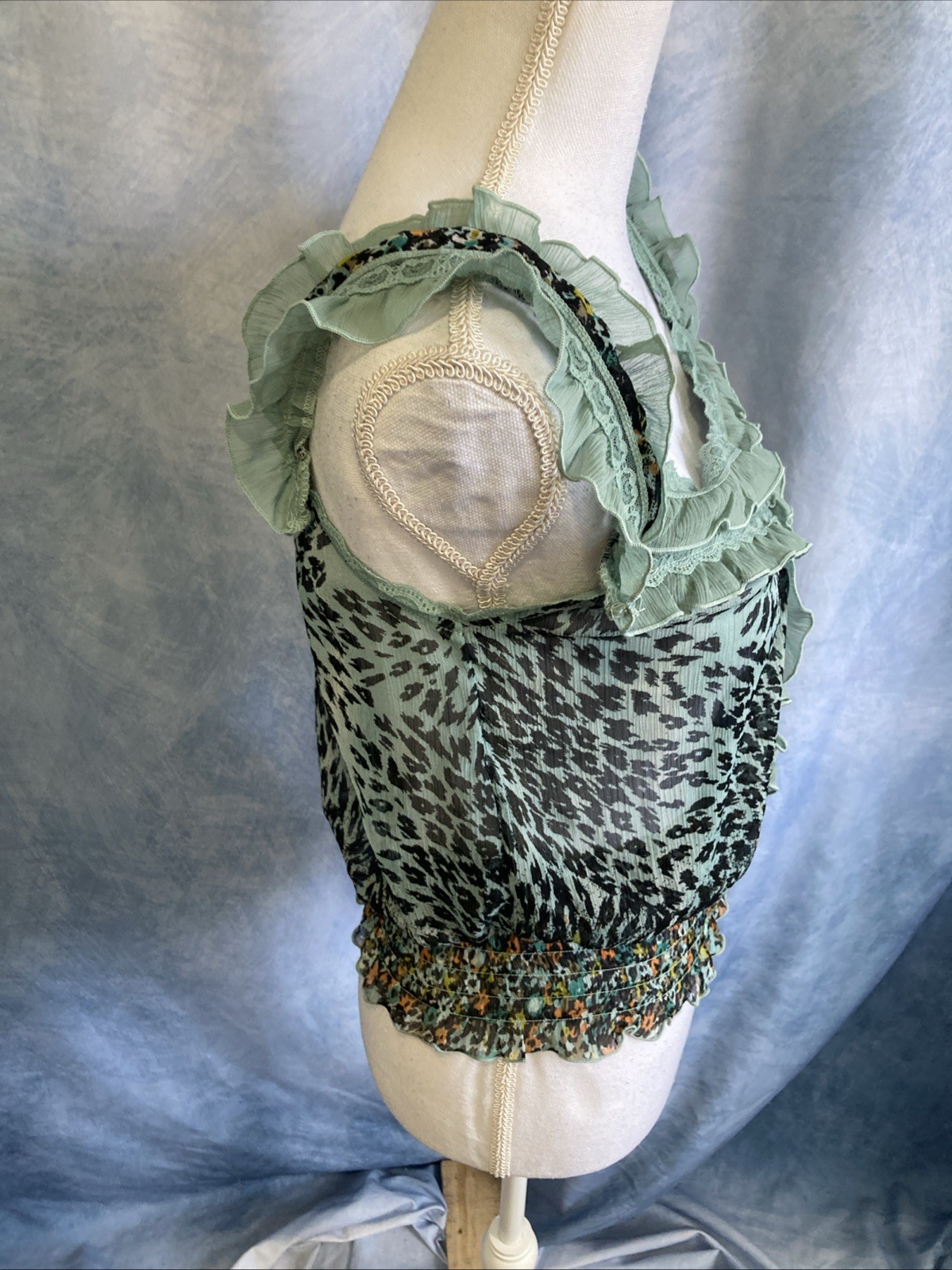 American Rag XS EUC Mint Green Leopard Print Sheer Ruffle Smocked Boho Top Y2K