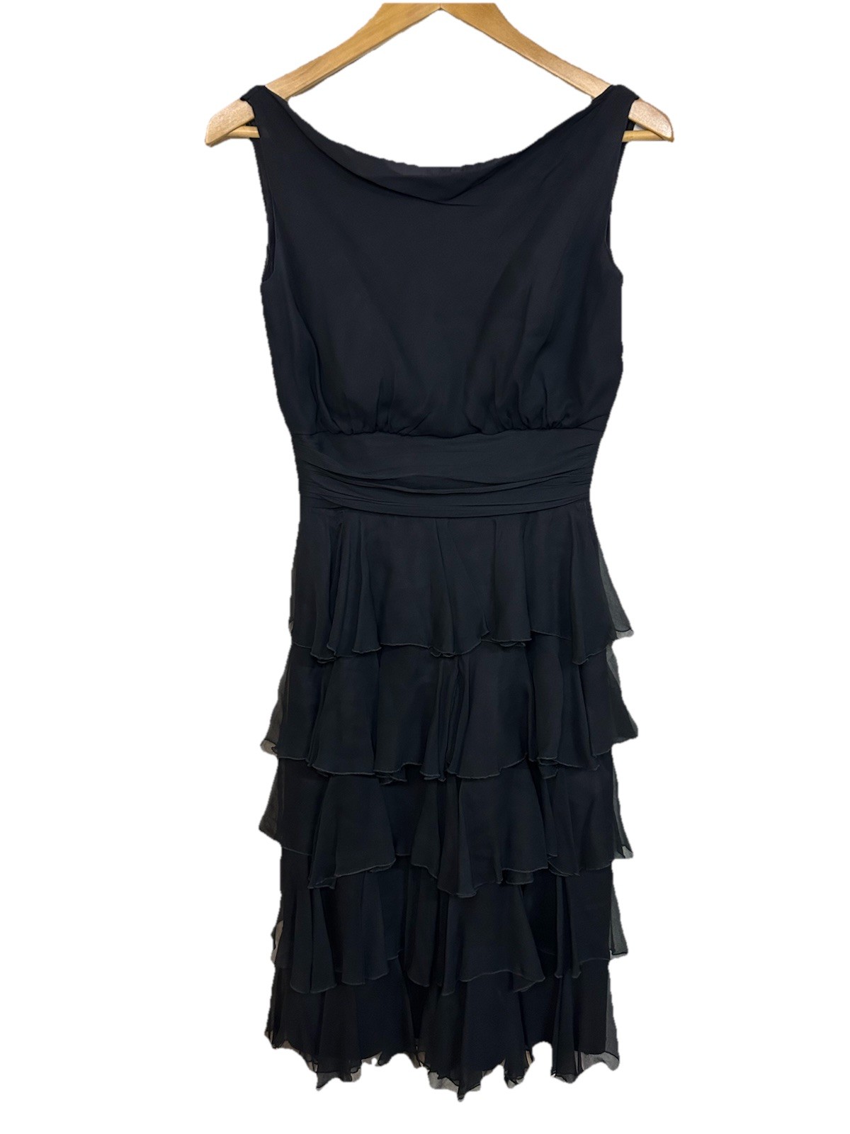 Vintage Carol Craig Black Tiered Ruffle Chiffon Cocktail Dress Small LBD Luxury