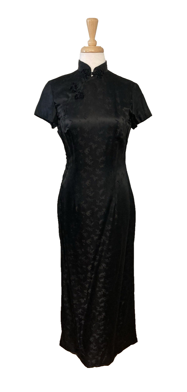 VTG Sheila Davlin Cheongsam Dress S or XS Black 100% Silk Fully Lined Side Slits
