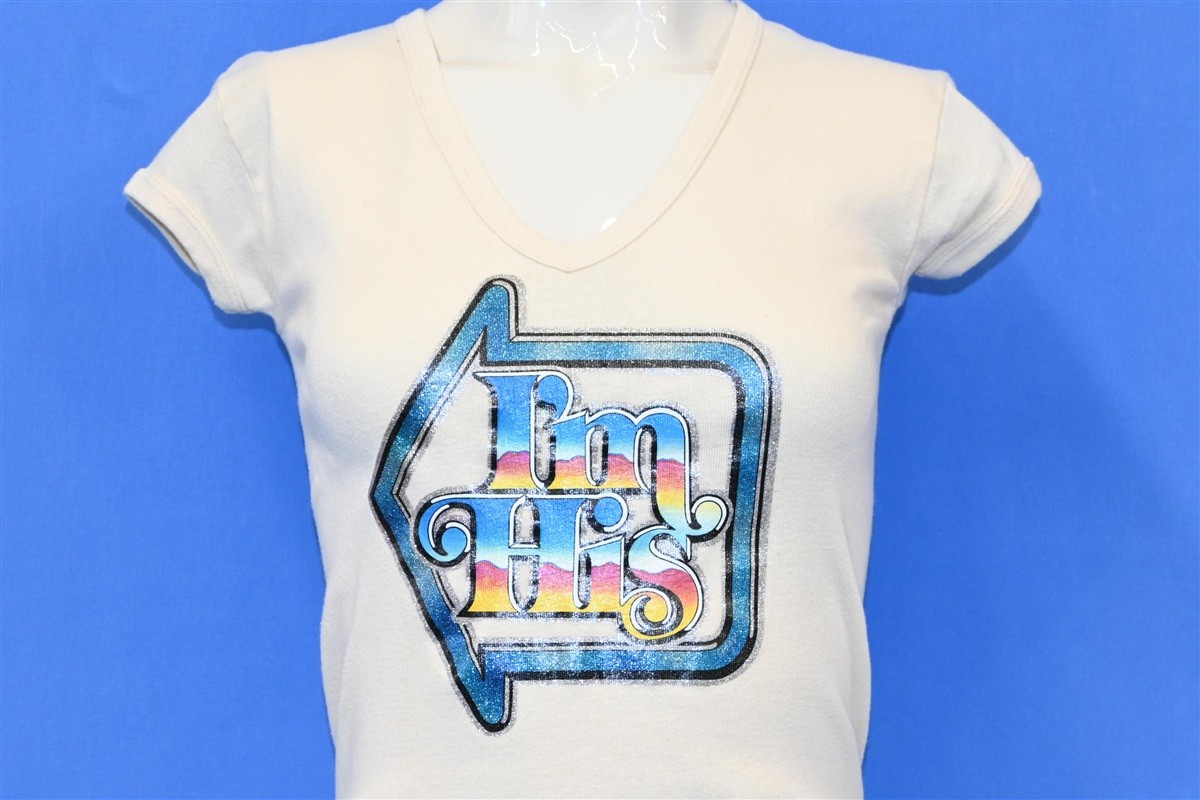 vintage 70s IM HIS GLITTER IRON ON V-NECK RIB KNIT BEIGE t-shirt WOMEN&rsquo;S XS