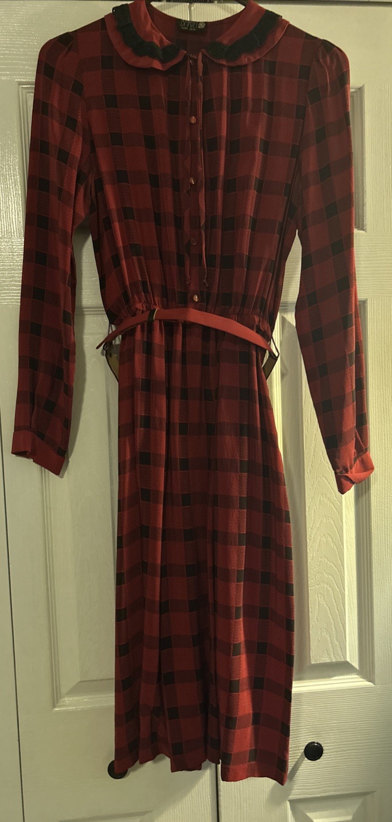 Vintage BARTH 100% Silk Dress Red Black Plaid Buffalo Check Peter Pan Collar