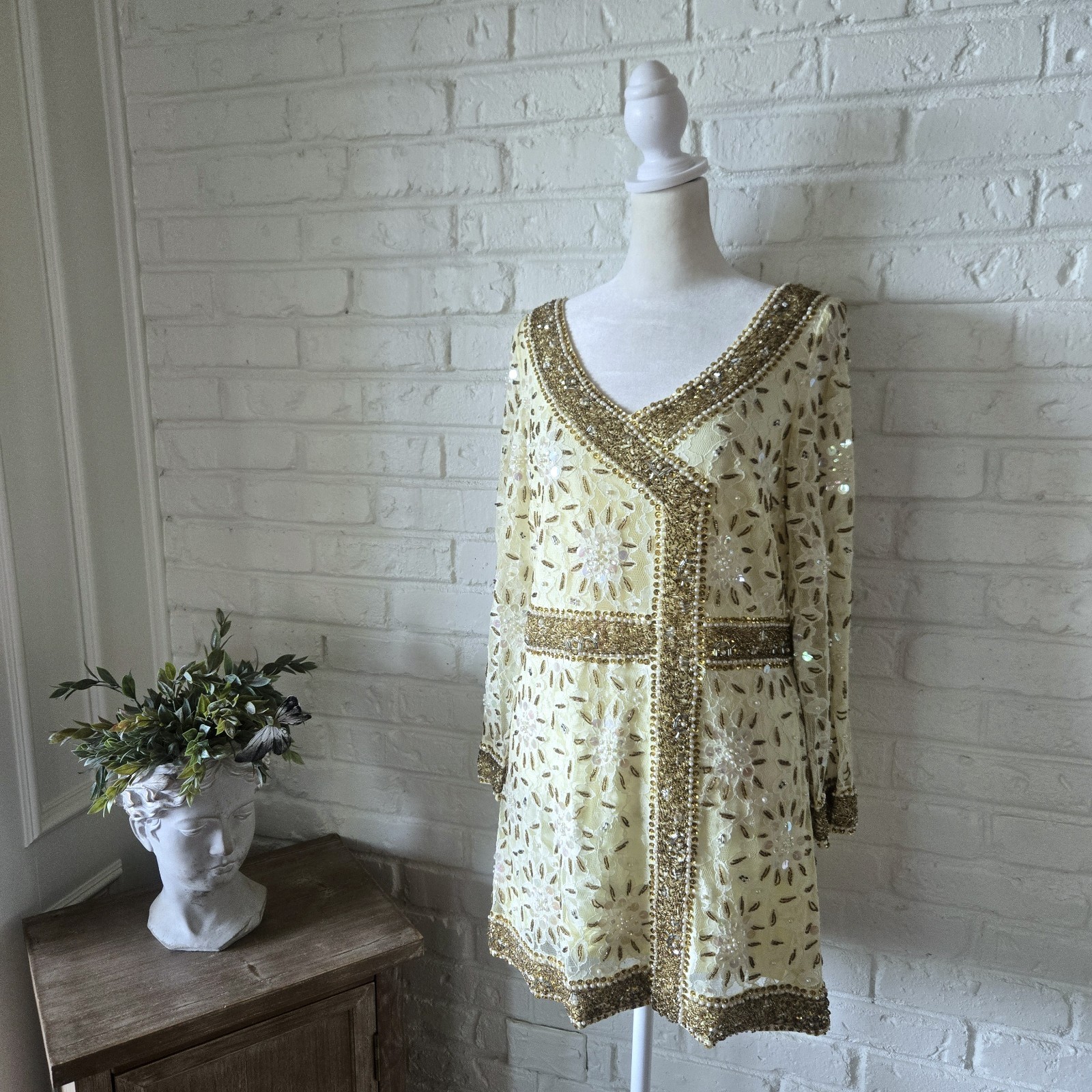 Vtg 60s 70s Beaded Tunic Top & Pants Set, Yellow & Gold, Vacation, S