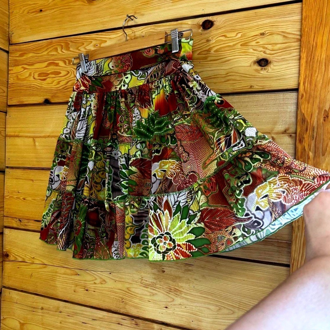 Vintage Mini Skirt Women Large Green Yellow Floral Boho Amy&rsquo;s Closet Rare Unique