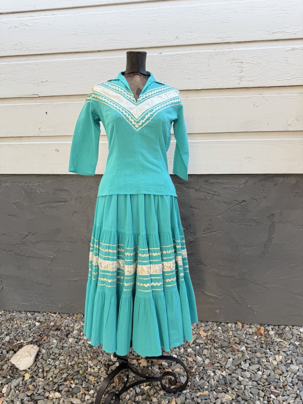 Vintage 1950s Western Patio Fiesta Dress 2Pc Ric Rac Circle Skirt Crinkle Cotton