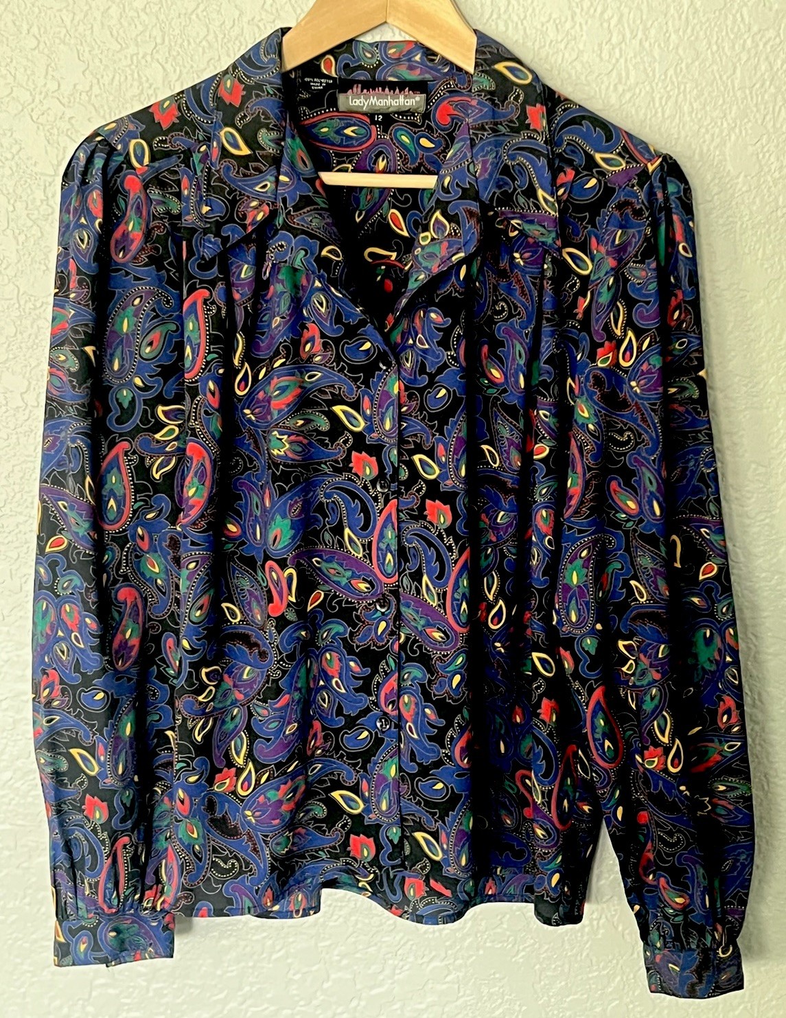 Lady Manhattan Paisley Button Down Blouse Sz 12 / M Vintage 70s Mod Art Nouveau